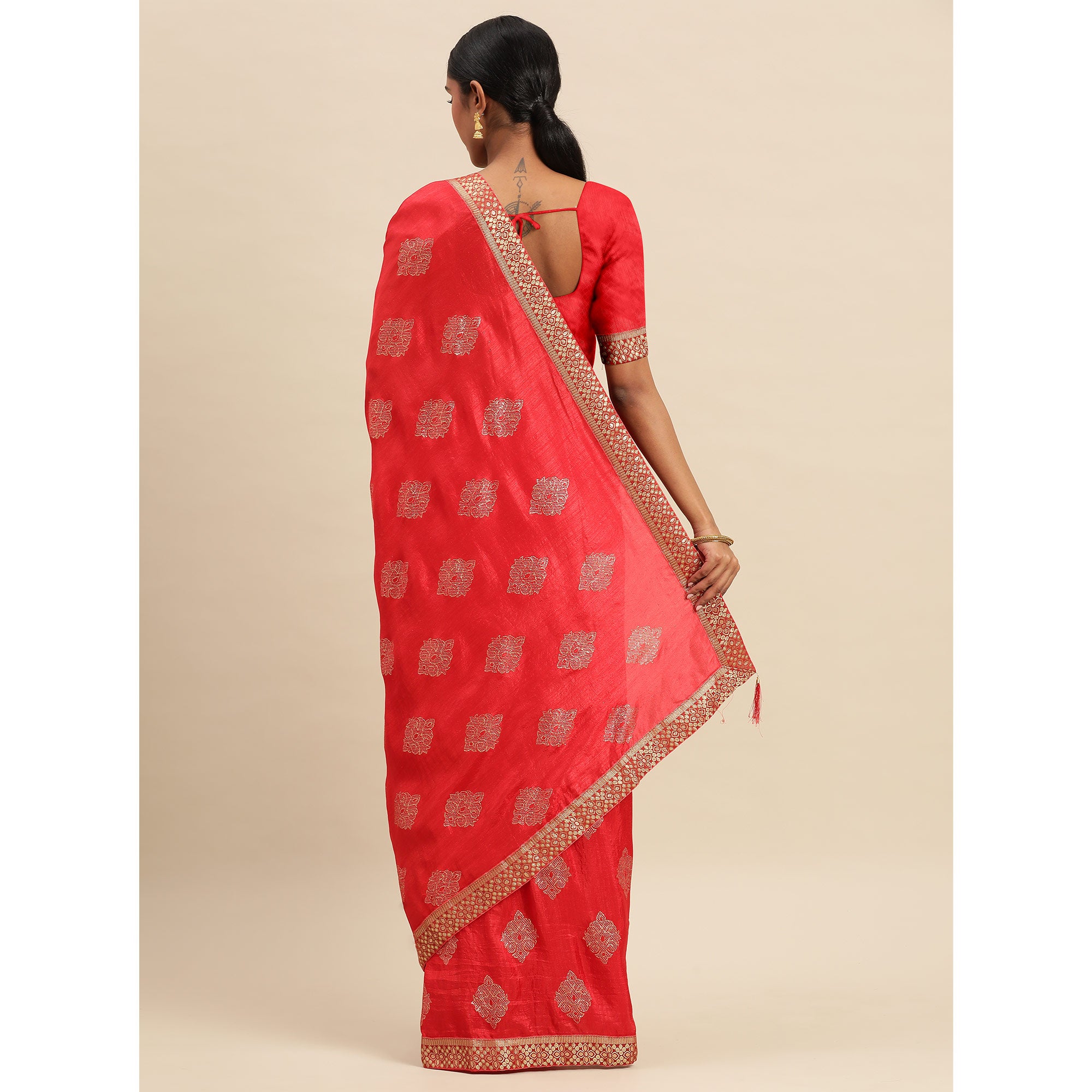 Red Floral Foil Printed Vichitra Silk Saree