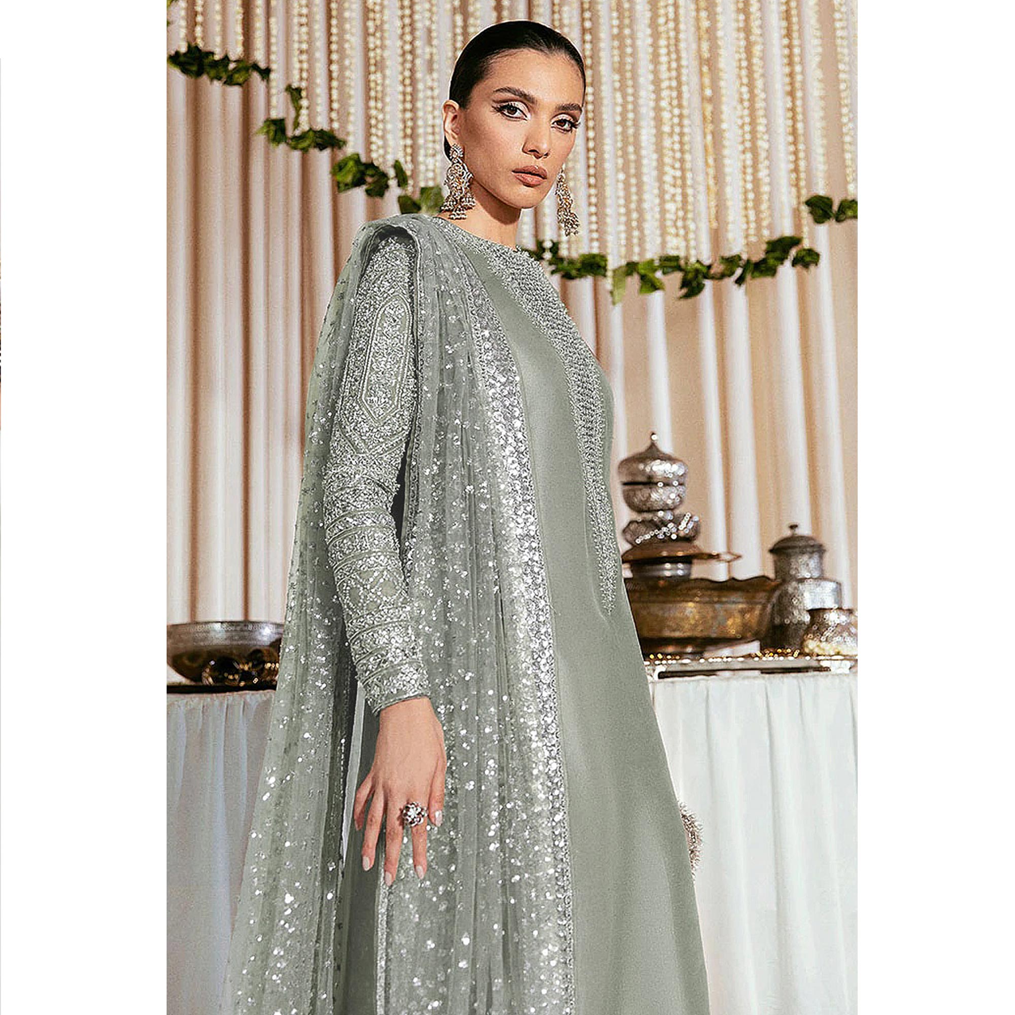 Light Green Sequins Embroidered Georgette Pakistani Suit