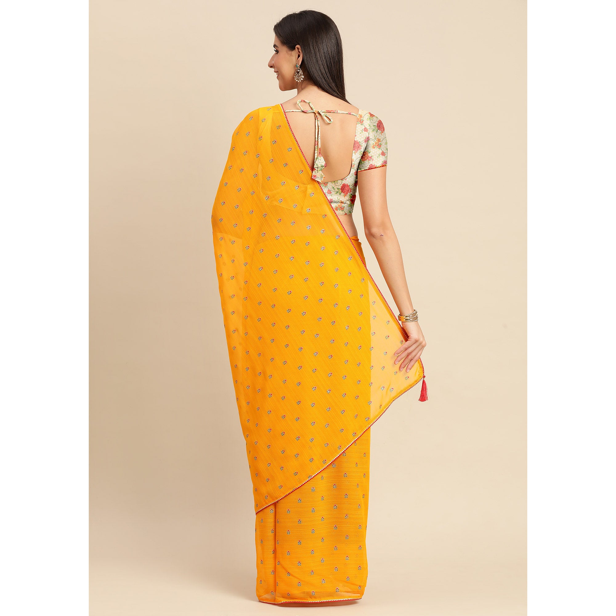 Orange Embroidered Chiffon Saree