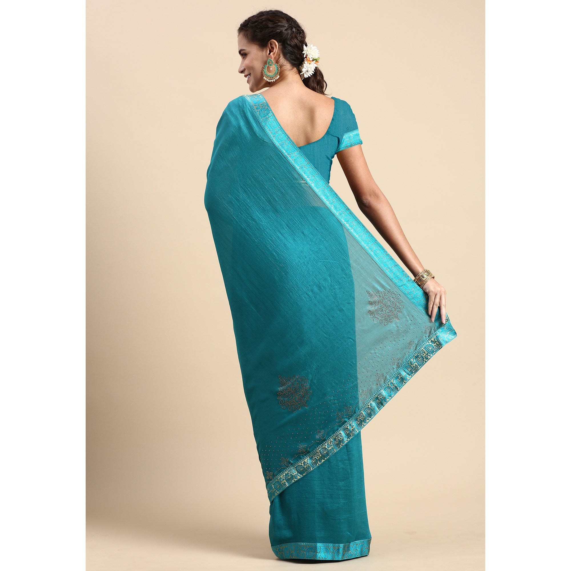 Turquoise Blue Swaroski Work Vichitra Silk Saree