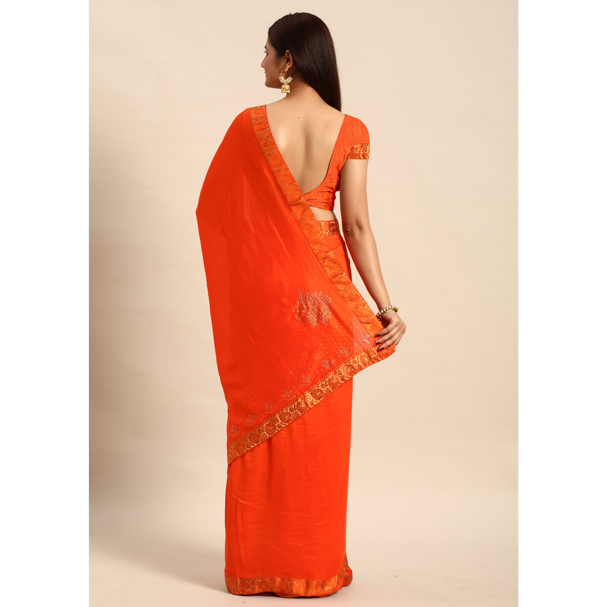 Orange Swaroski Work Vichitra Silk Saree