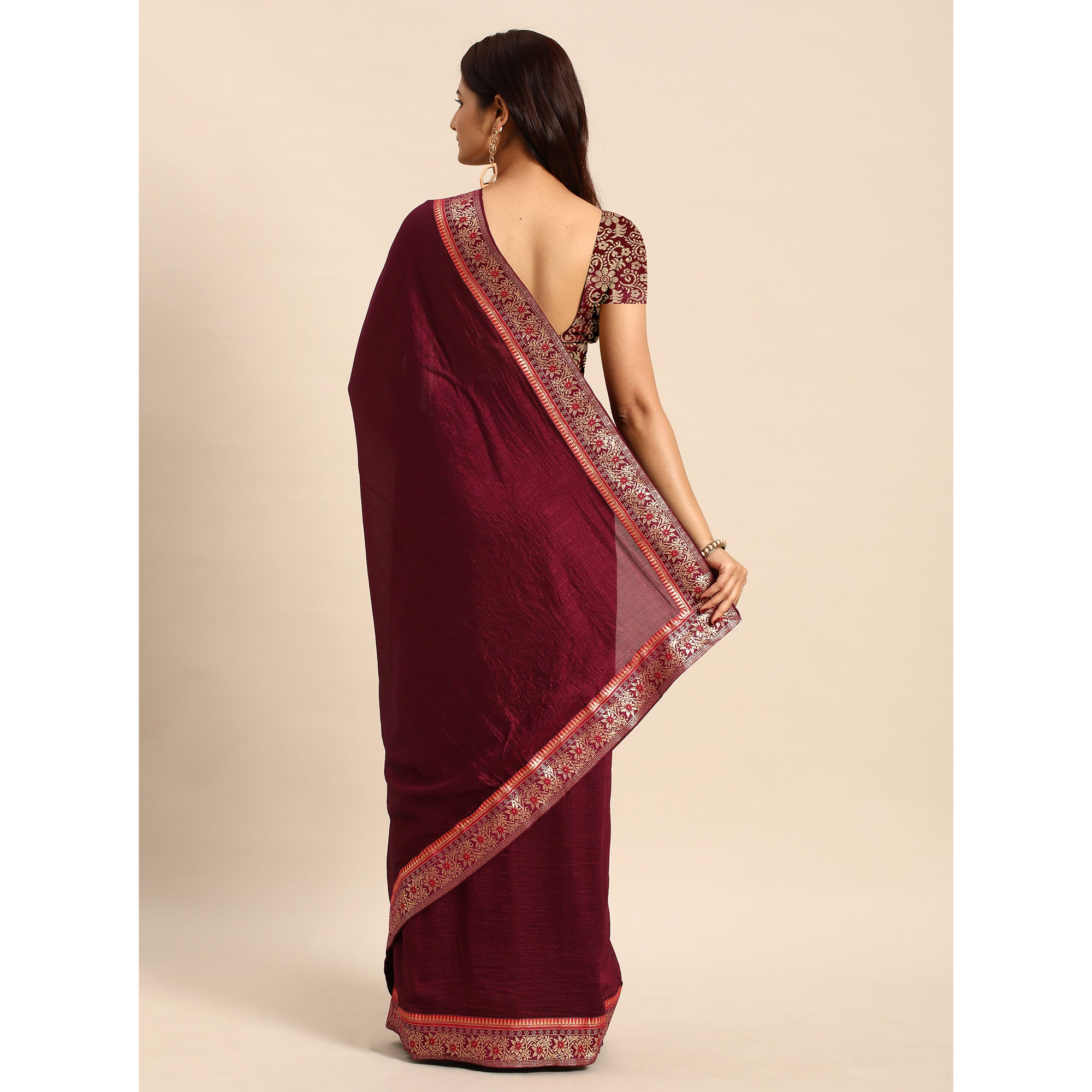 Brown Solid Vichitra Silk Saree With Fancy Border