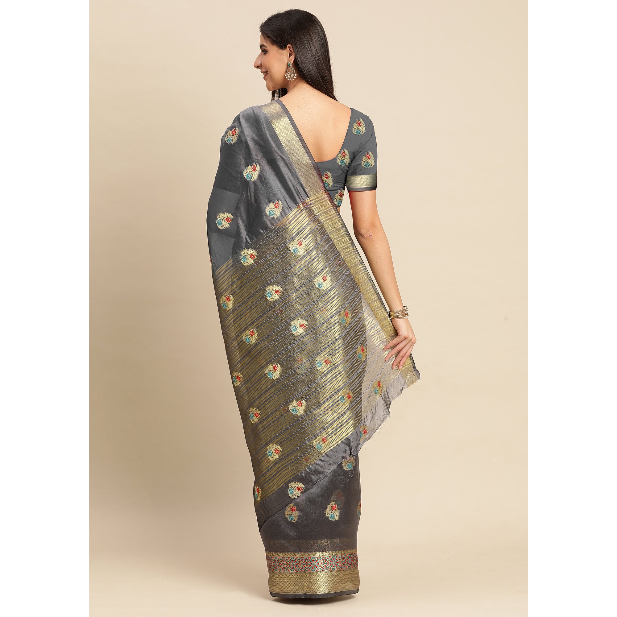 Grey Woven Organza Saree