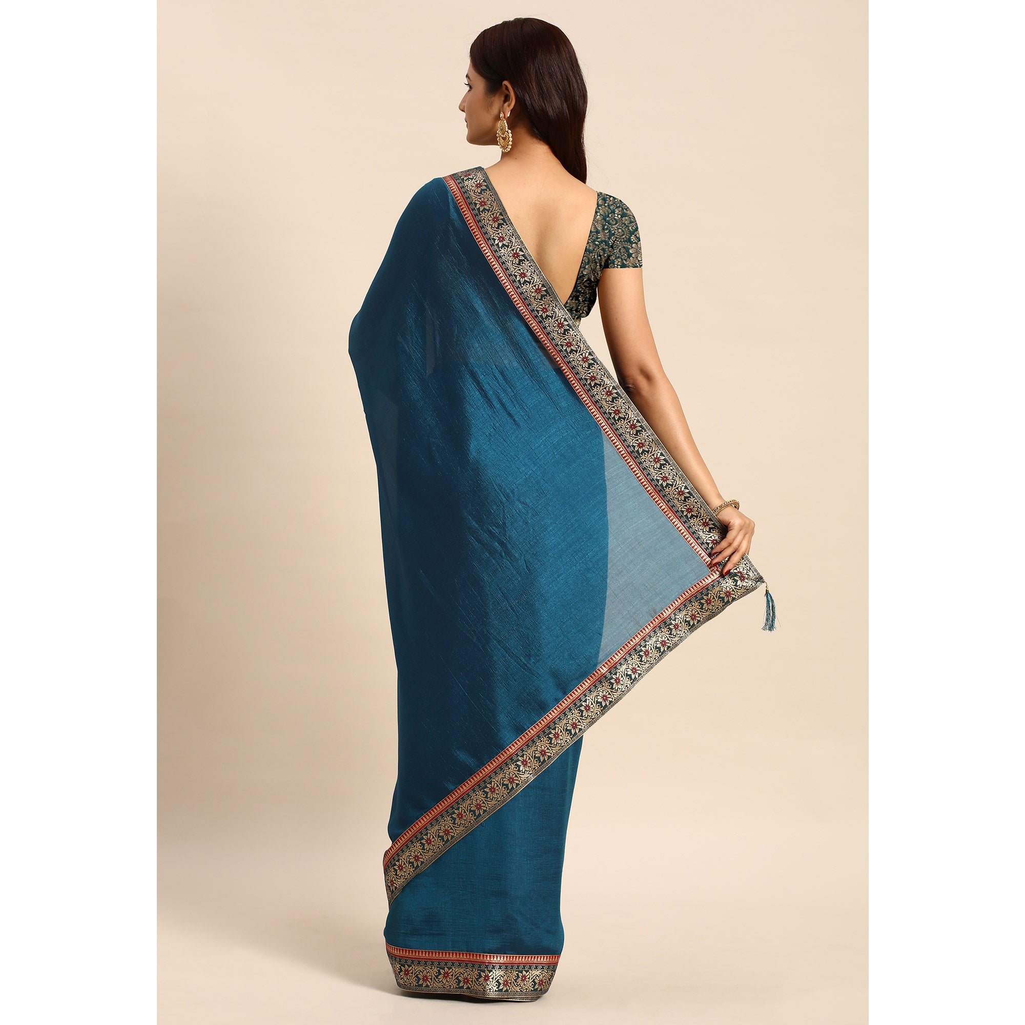 Blue Solid Vichitra Silk Saree With Fancy Border