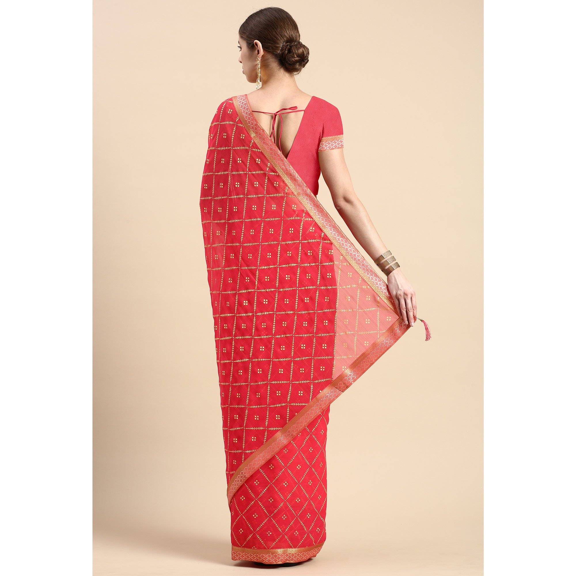 Pink Floral Foil Printed Zomato Saree