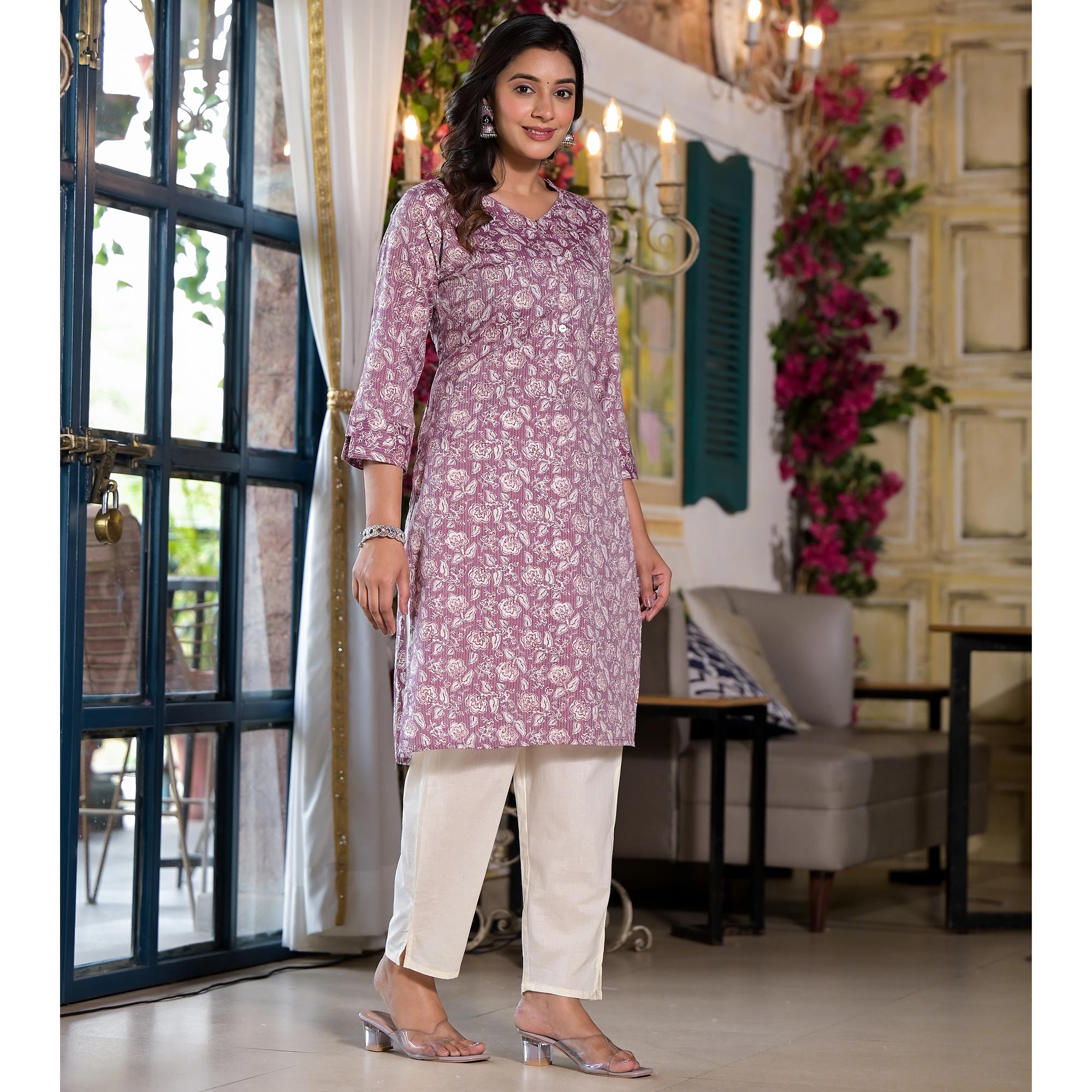 Purple Floral Printed Rayon Straight Kurti