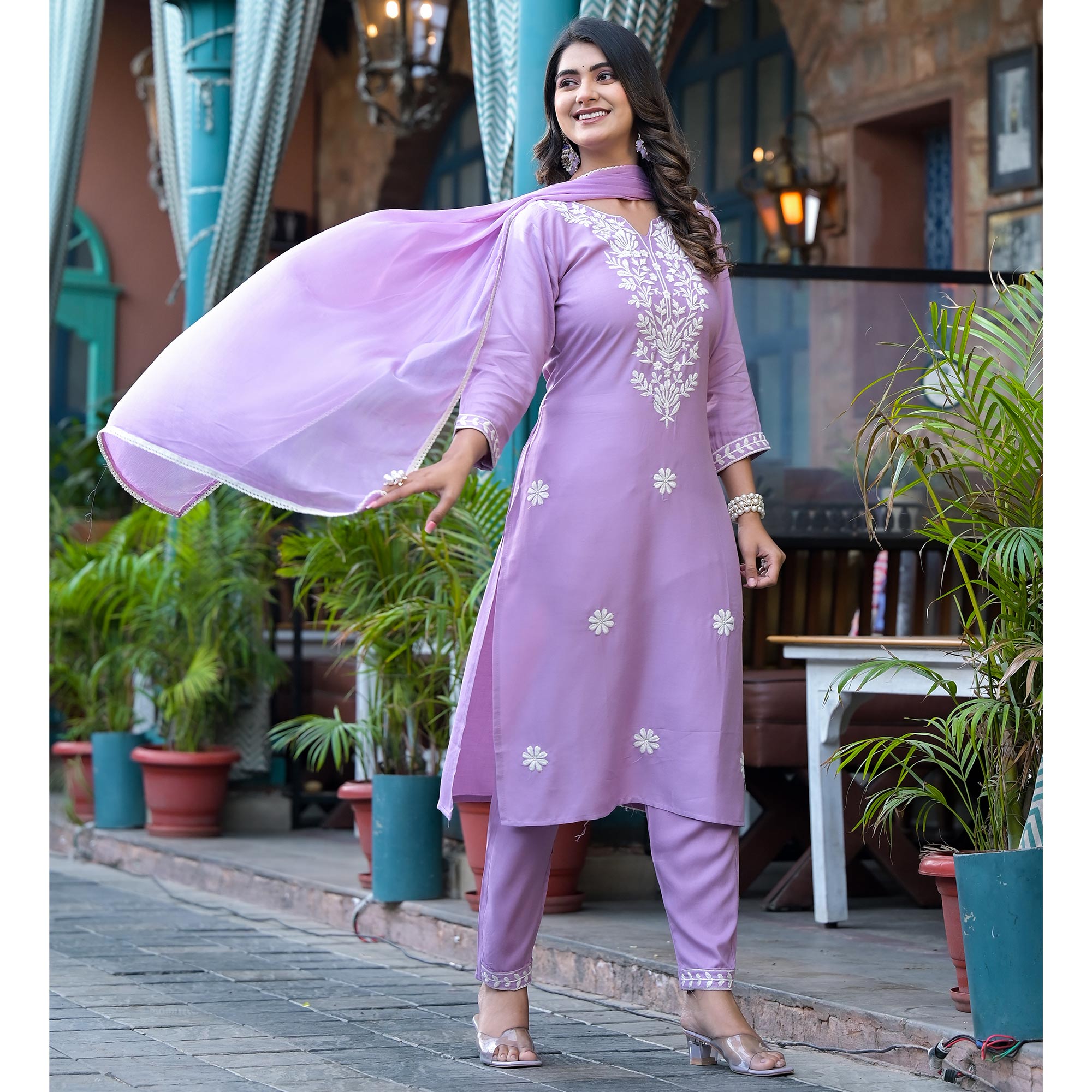 Lavender Lucknowi Embroidered Rayon Salwar Suit