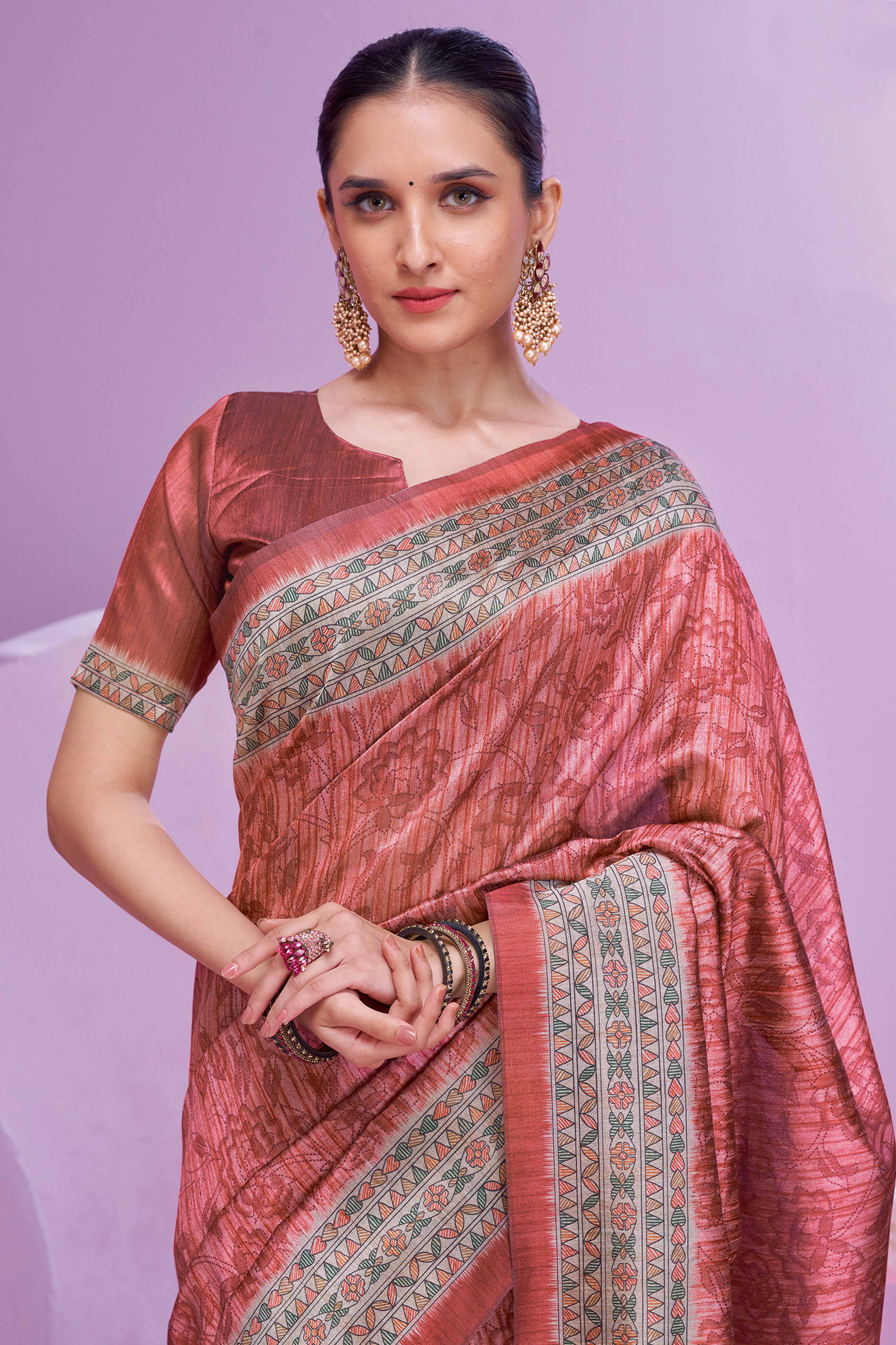 Rustic Red Ethnic Cotton Silk Saree Adorned with Madhubani Florals Print