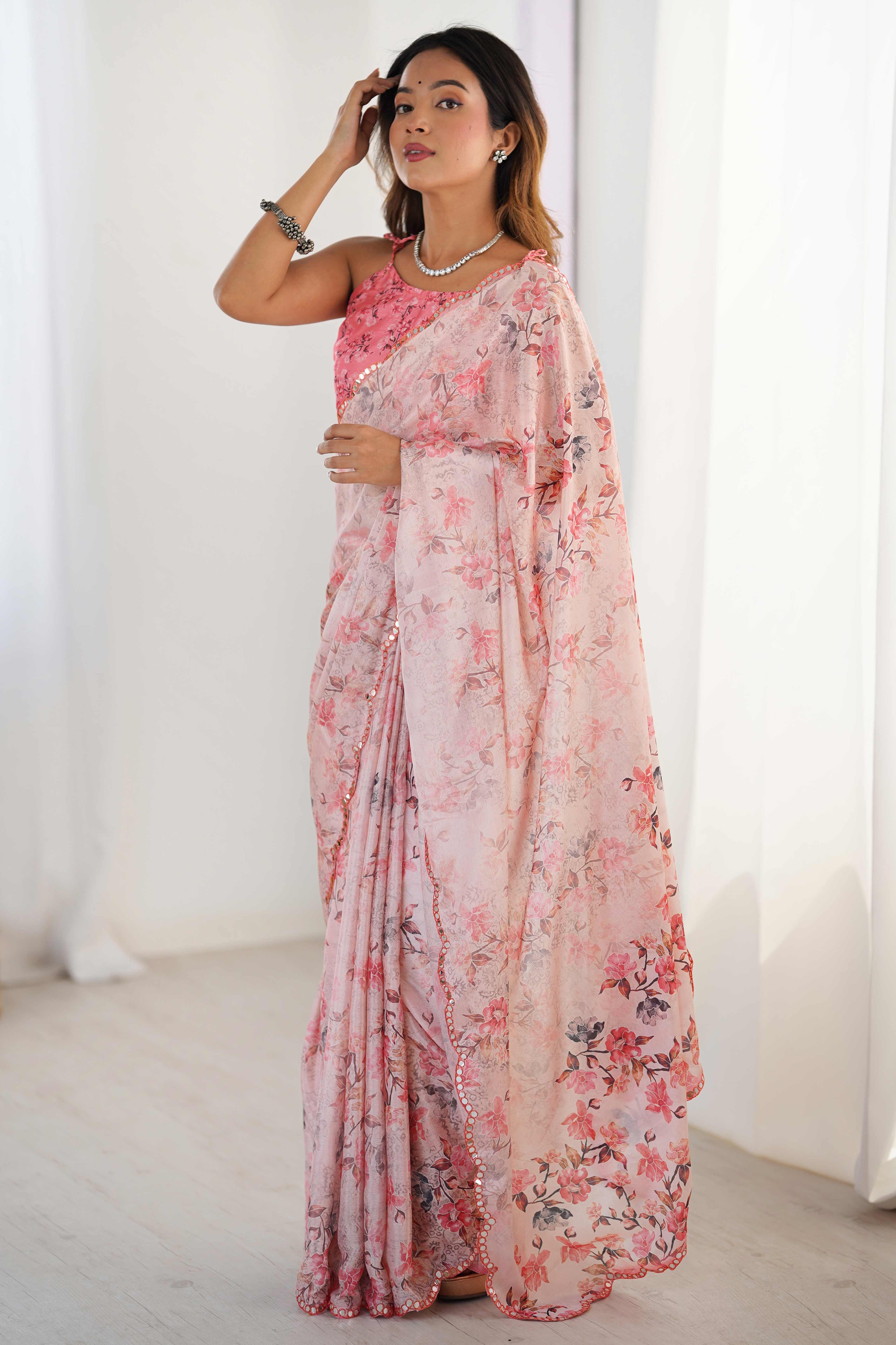 Pink Floral Printed Chinon Saree with Shimmering Mirror Detailing