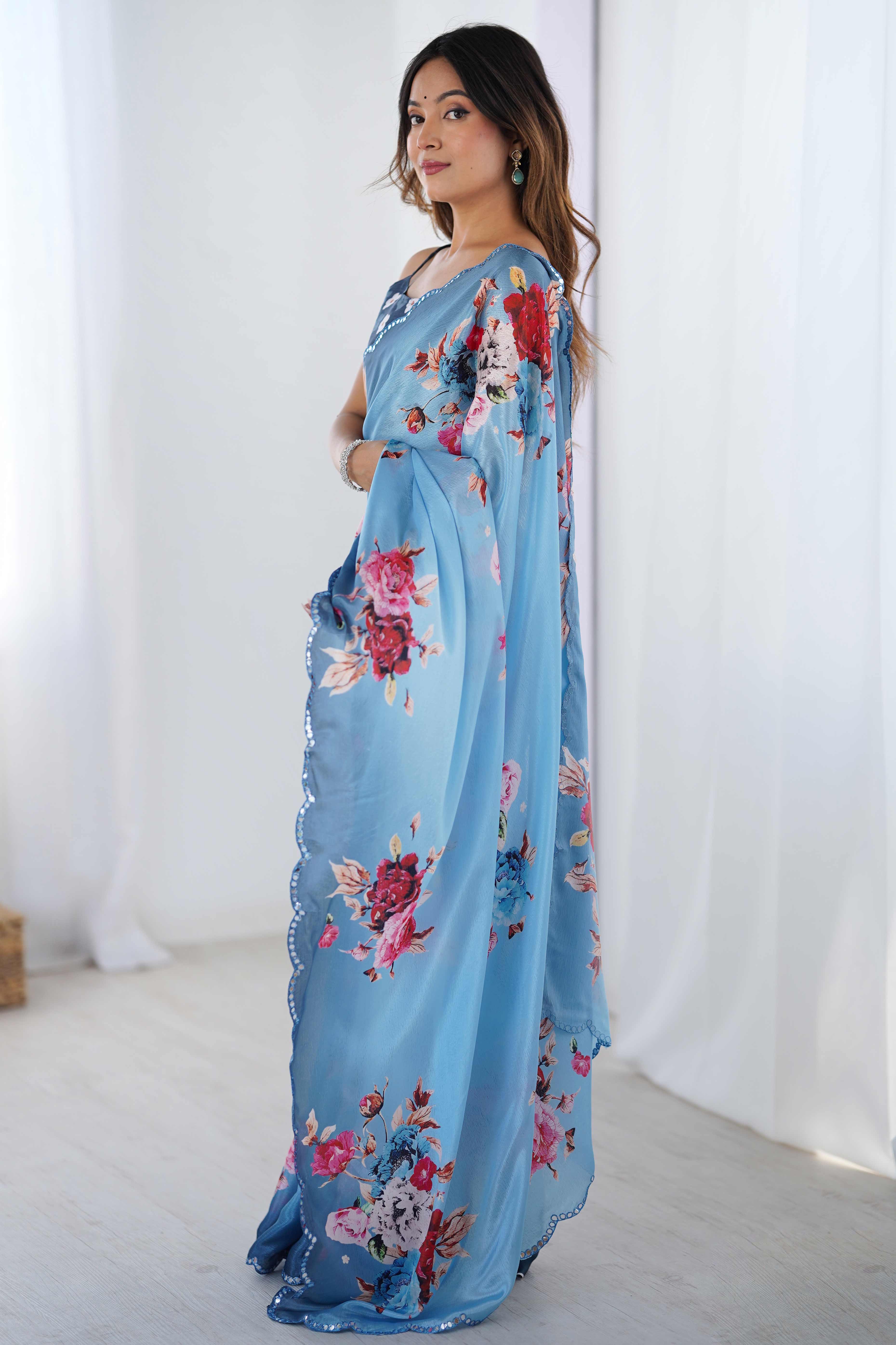 Sky Blue Floral Printed Chinon Saree with Shimmering Mirror Detailing