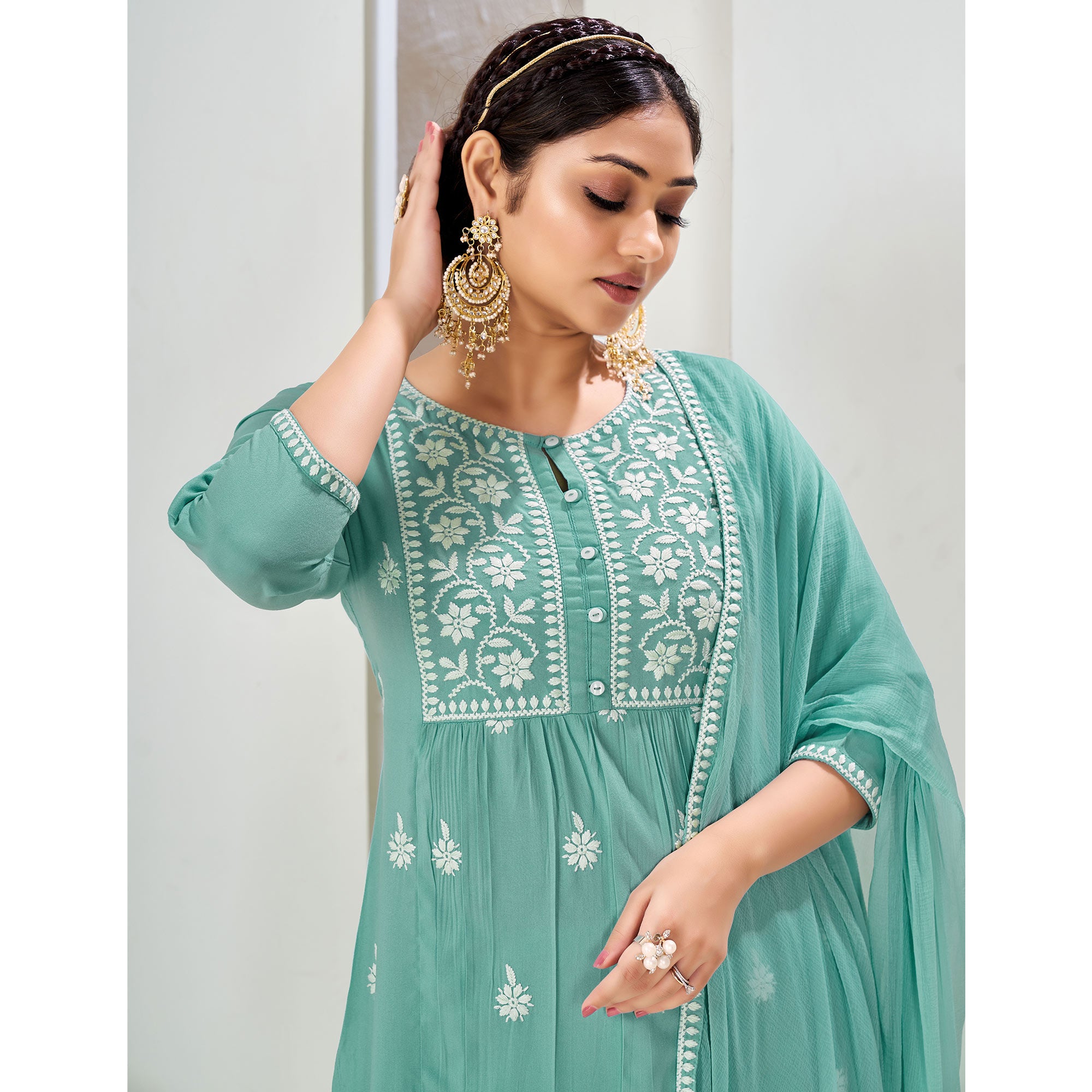 Turquoise Embroidered Rayon Suit