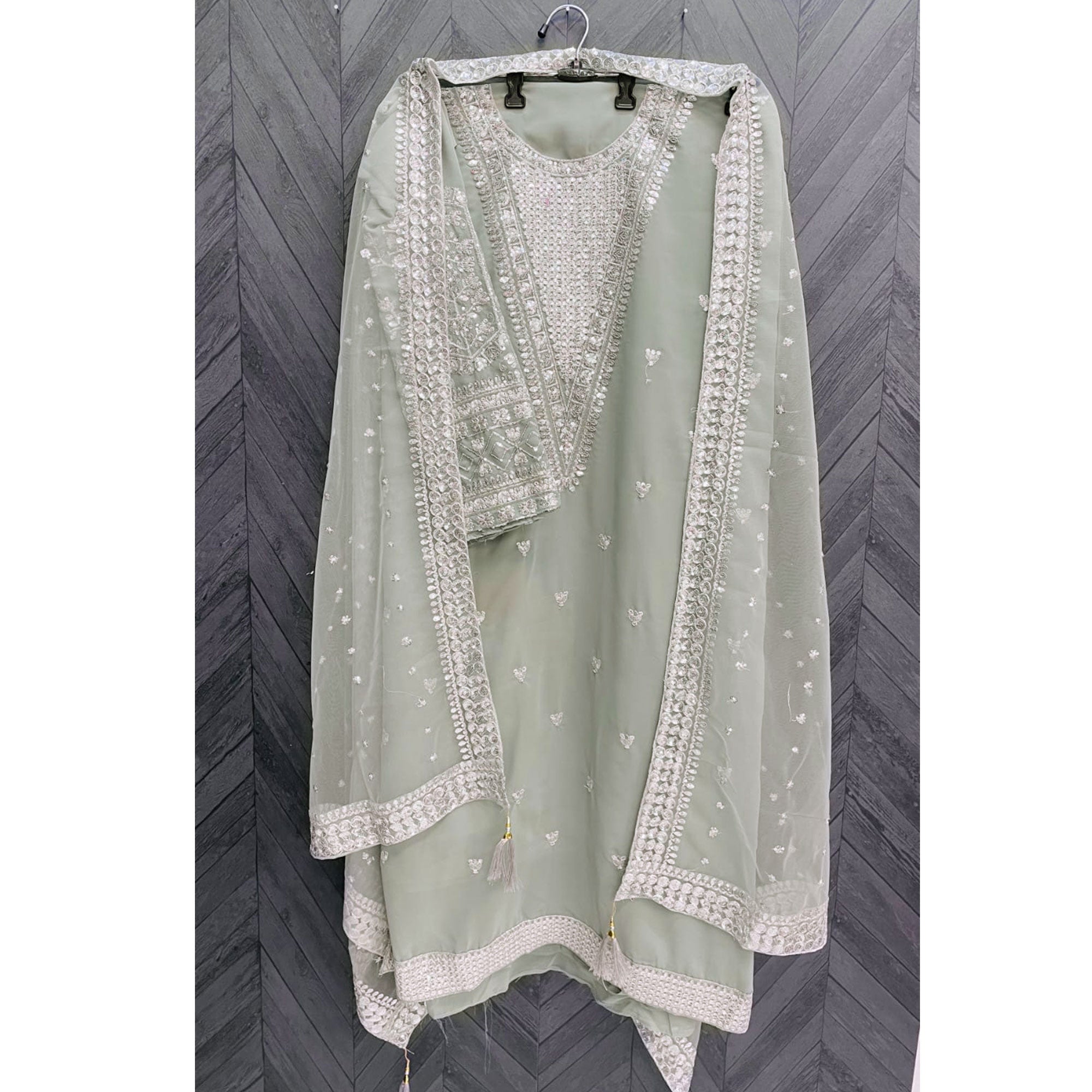 Light Green Sequins Embroidered Georgette Pakistani Suit