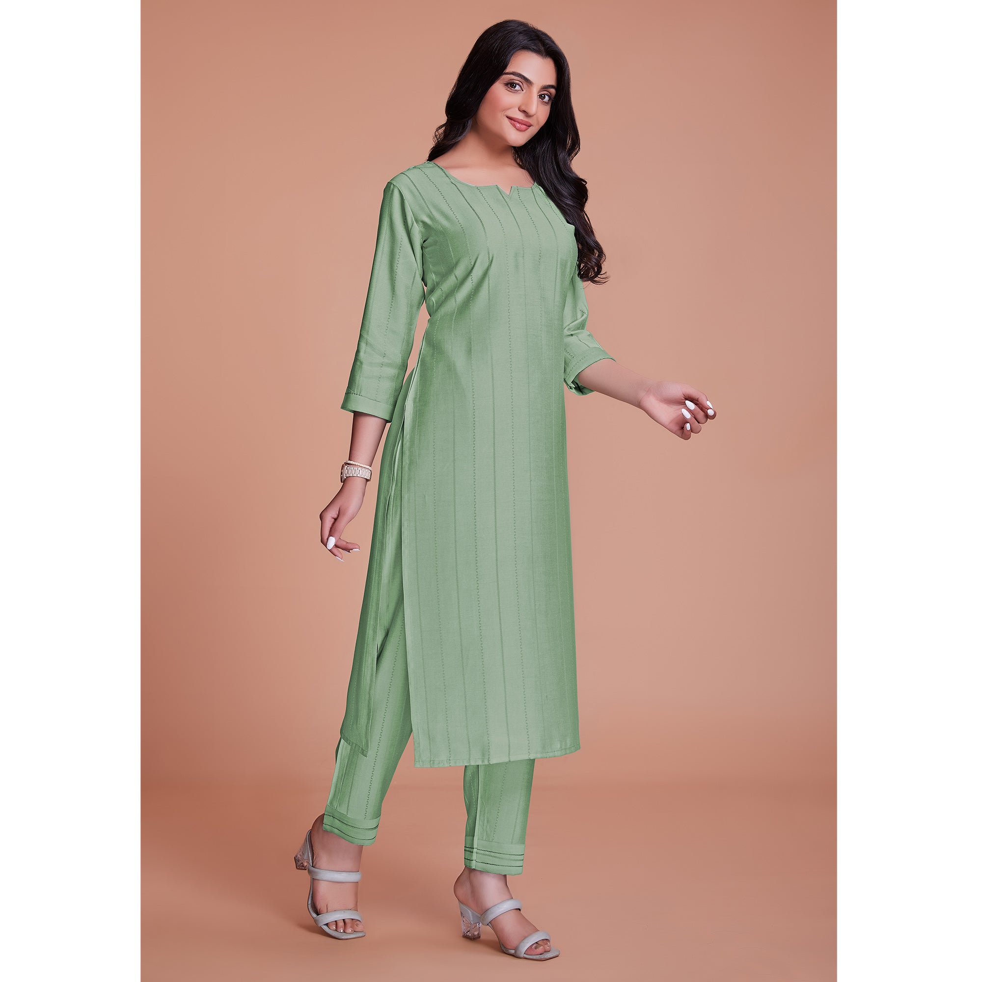 Light Pista Green Woven Viscose Kurti Pant Set