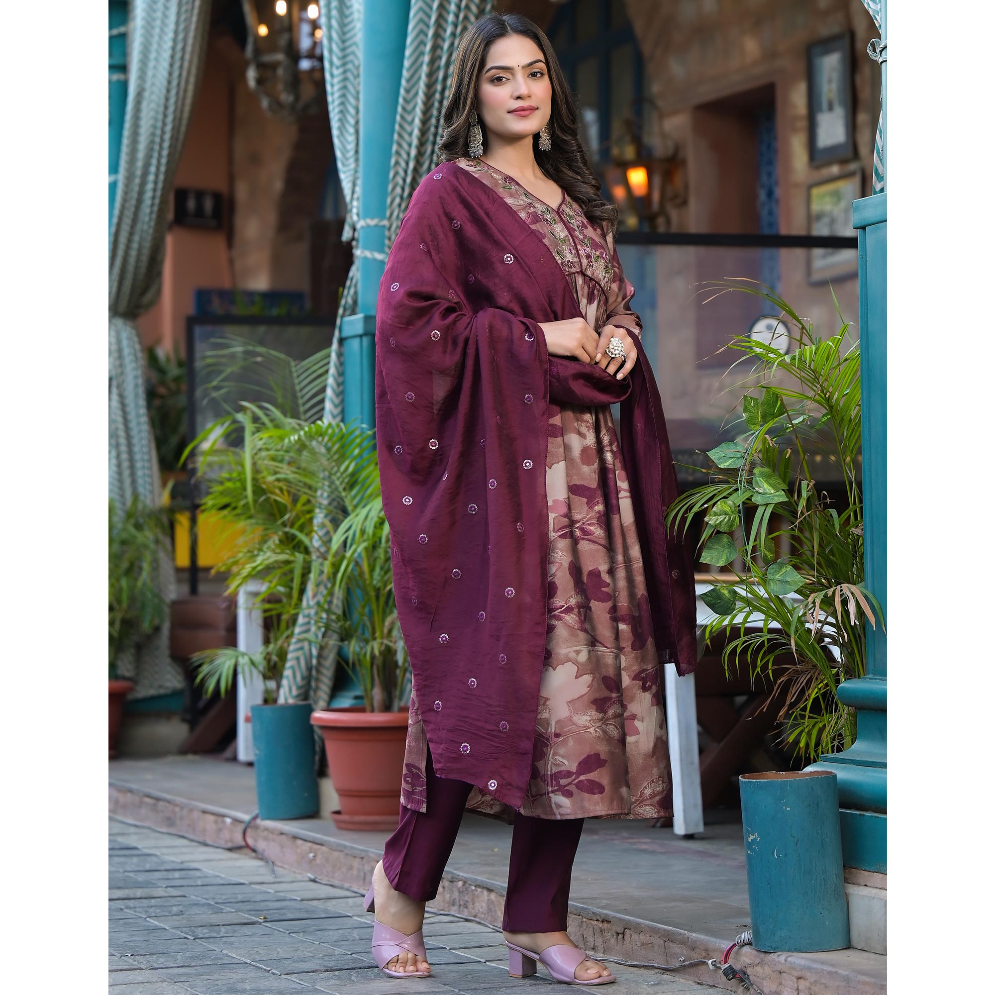 Chikoo & Wine Floral Printed Alia Cut Chanderi Silk Salwar Suit