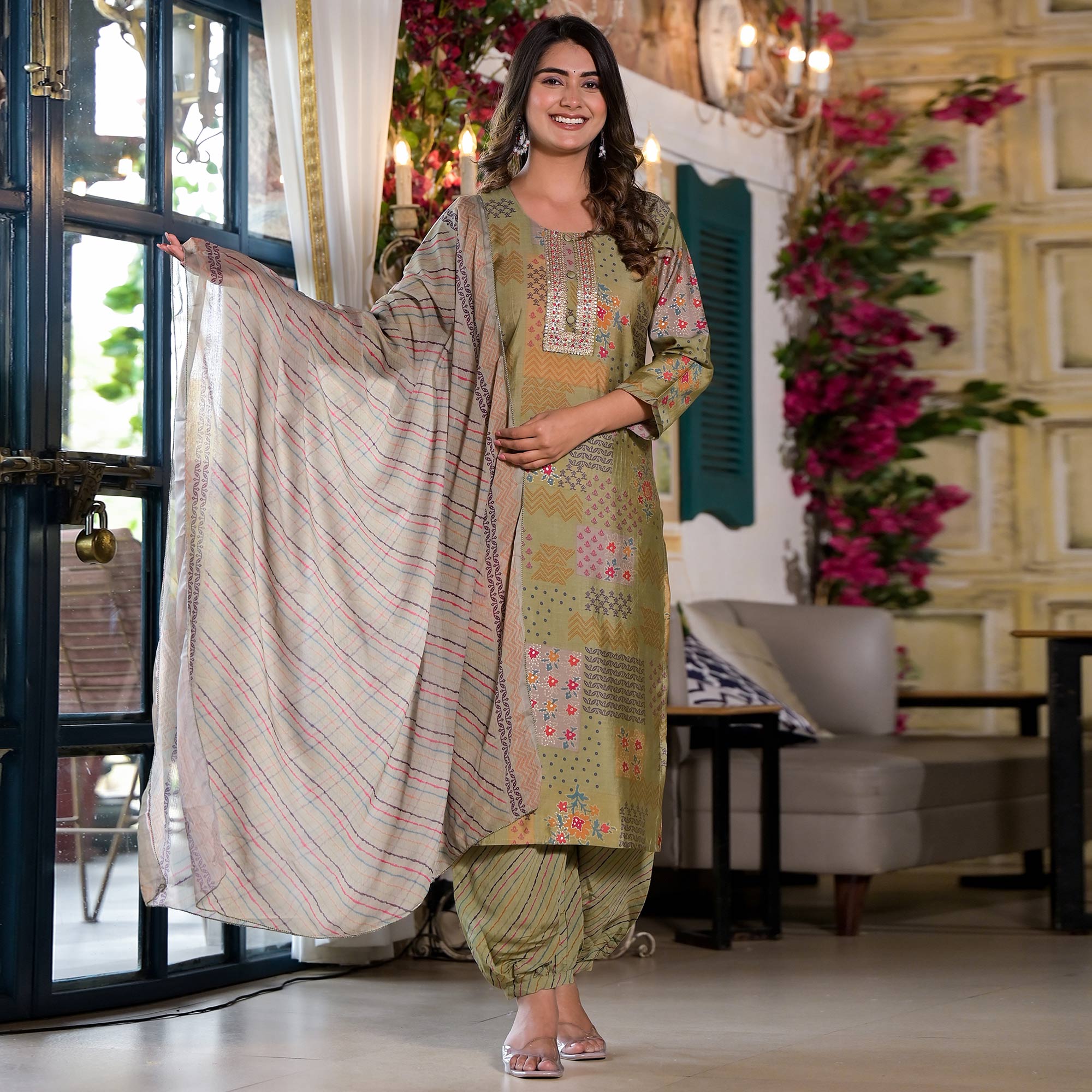 Green Digital Printed Chanderi Silk Salwar Suit