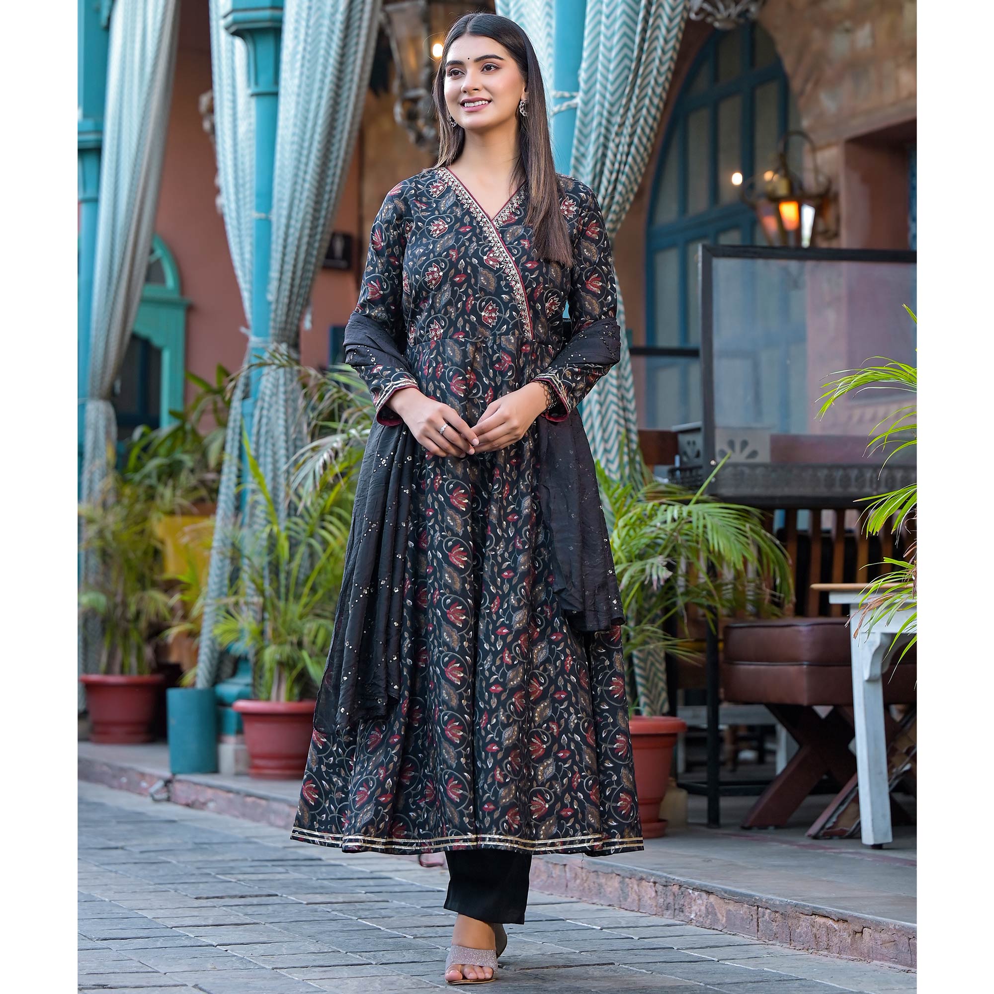 Black Floral Printed Chanderi Silk Anarkali Salwar Suit