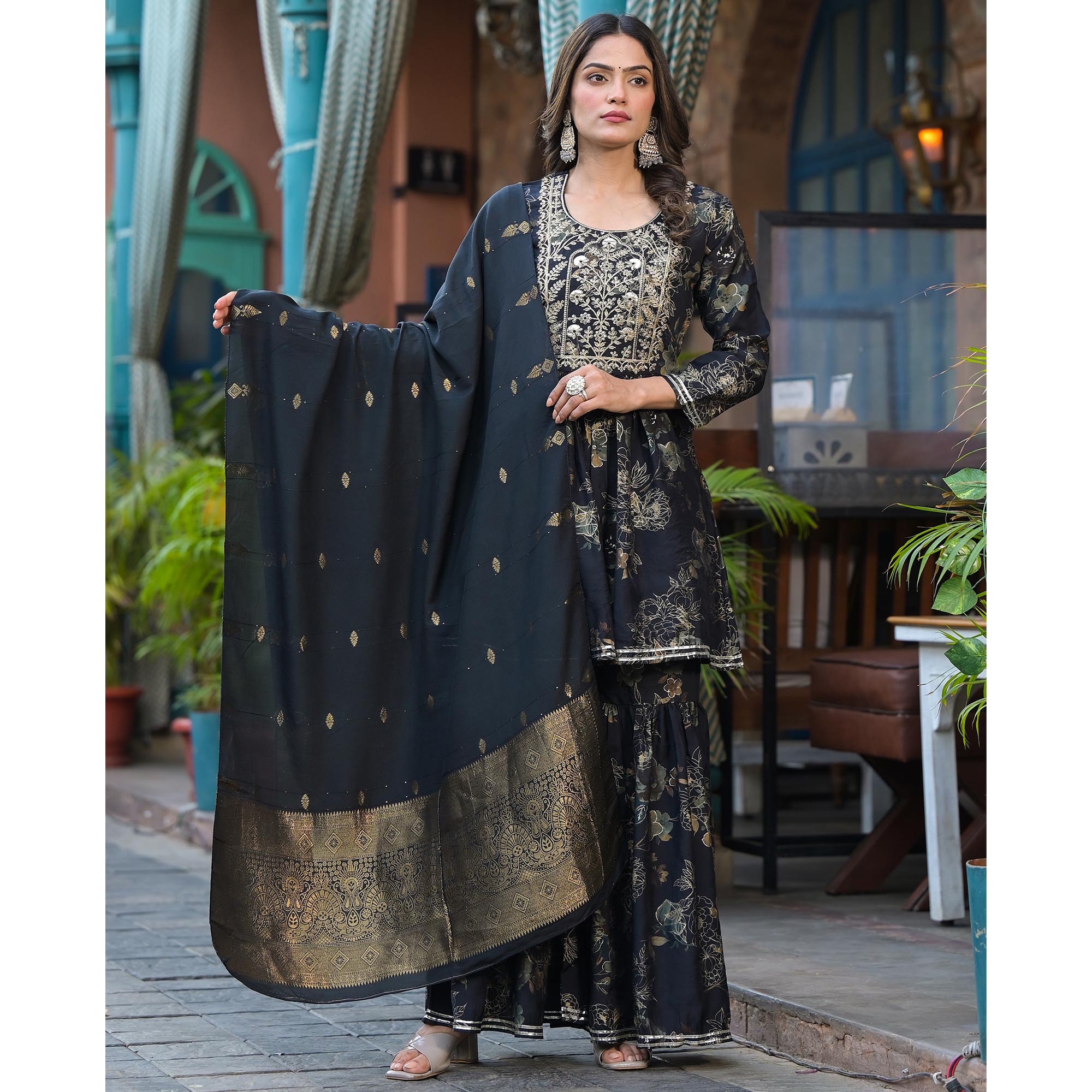 Black Floral Embroidered Chanderi Silk Sharara Suit