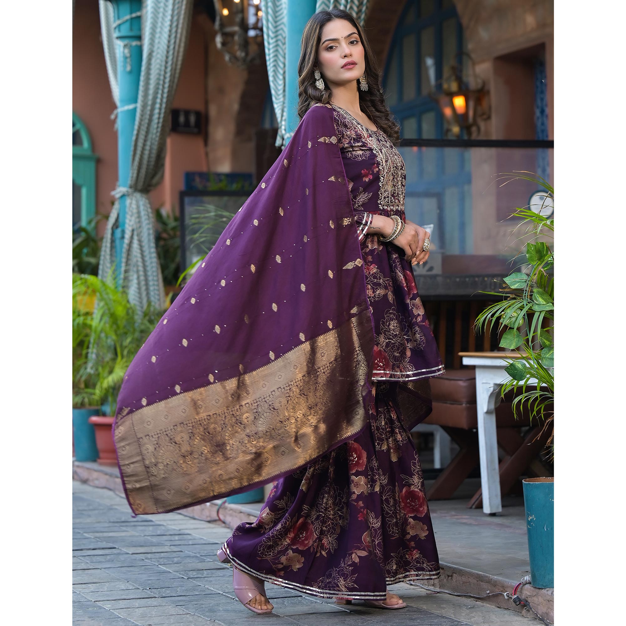 Wine Floral Embroidered Chanderi Silk Sharara Suit