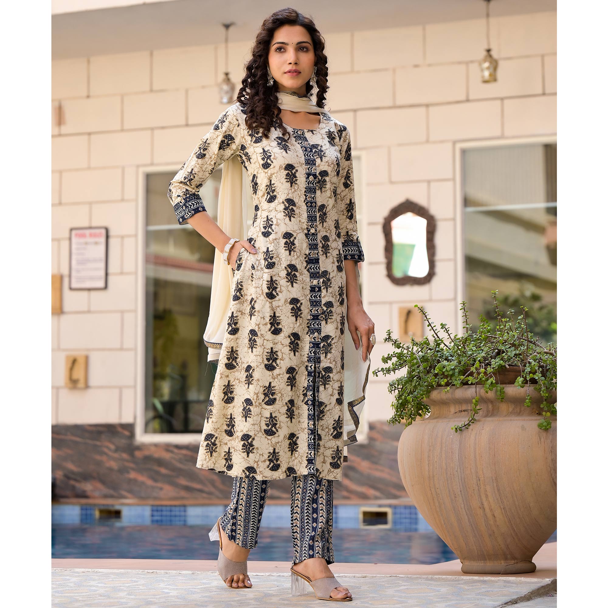 Chikoo & Navy Blue Floral Foil Printed Rayon A-Line Salwar Suit