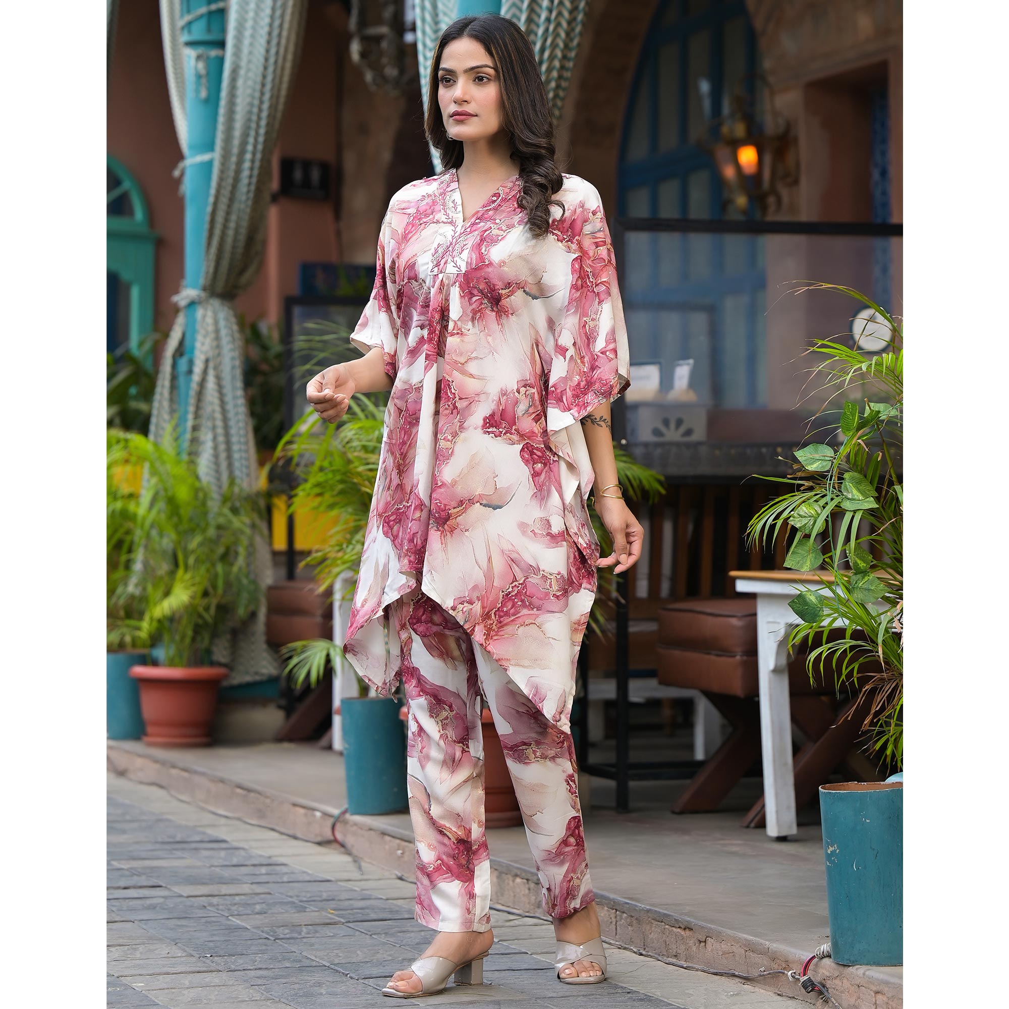 Mauve Foil Printed Rayon Kaftan Co-Ord Set