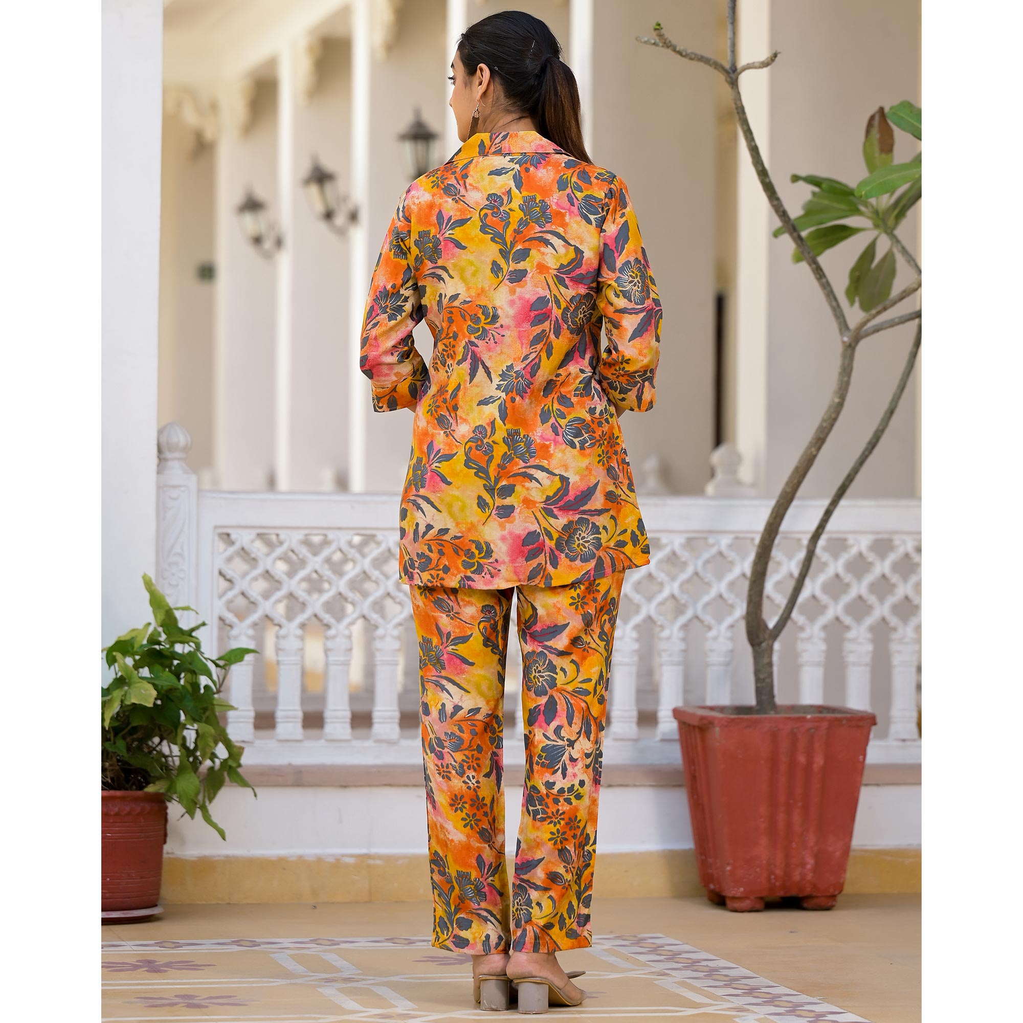 Yellow Floral Foil Printed Chanderi Silk Co Ord Set