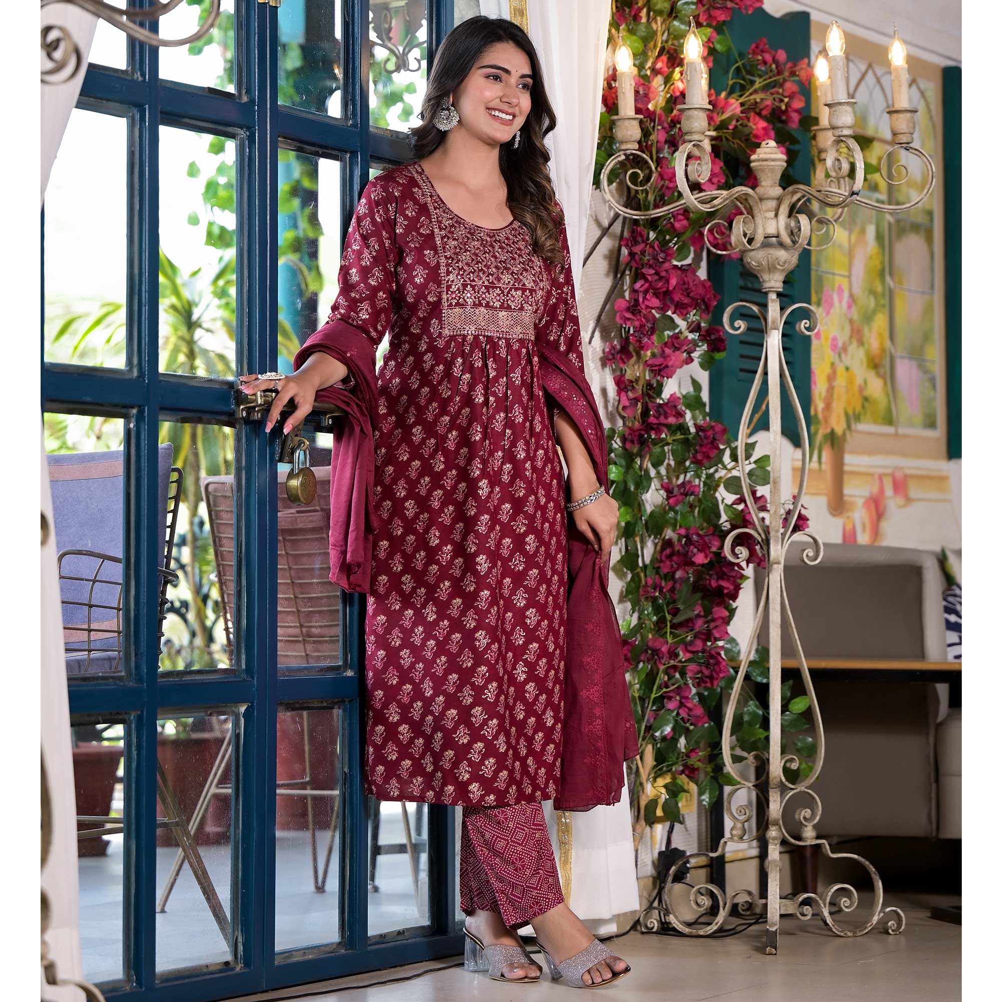 Maroon Floral Naira Cut Rayon Salwar Suit With Mirror Work