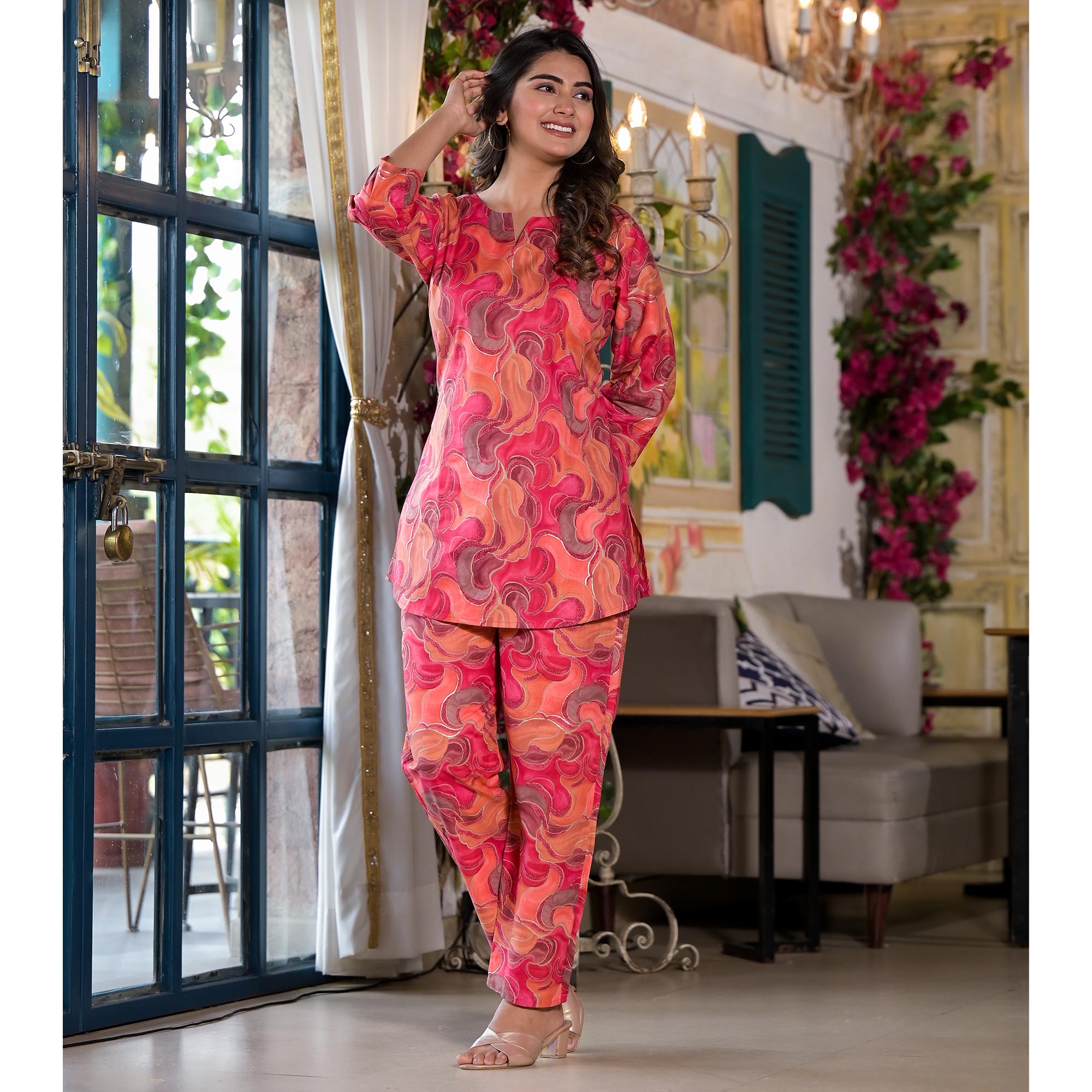 Peach Foil Printed Pure Cotton Co-Ord Set