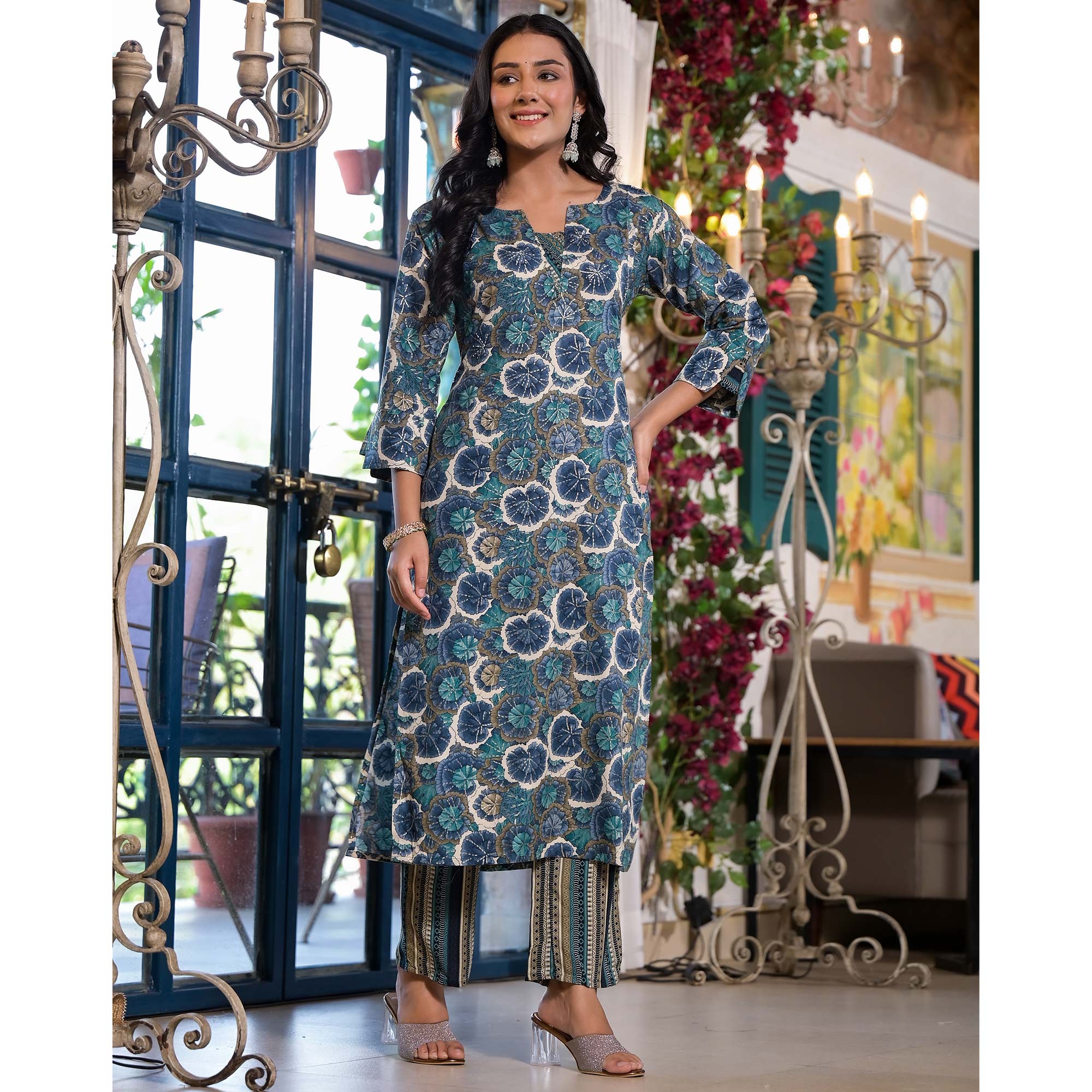 Blue Floral Foil Printed Rayon Straight Salwar Suit