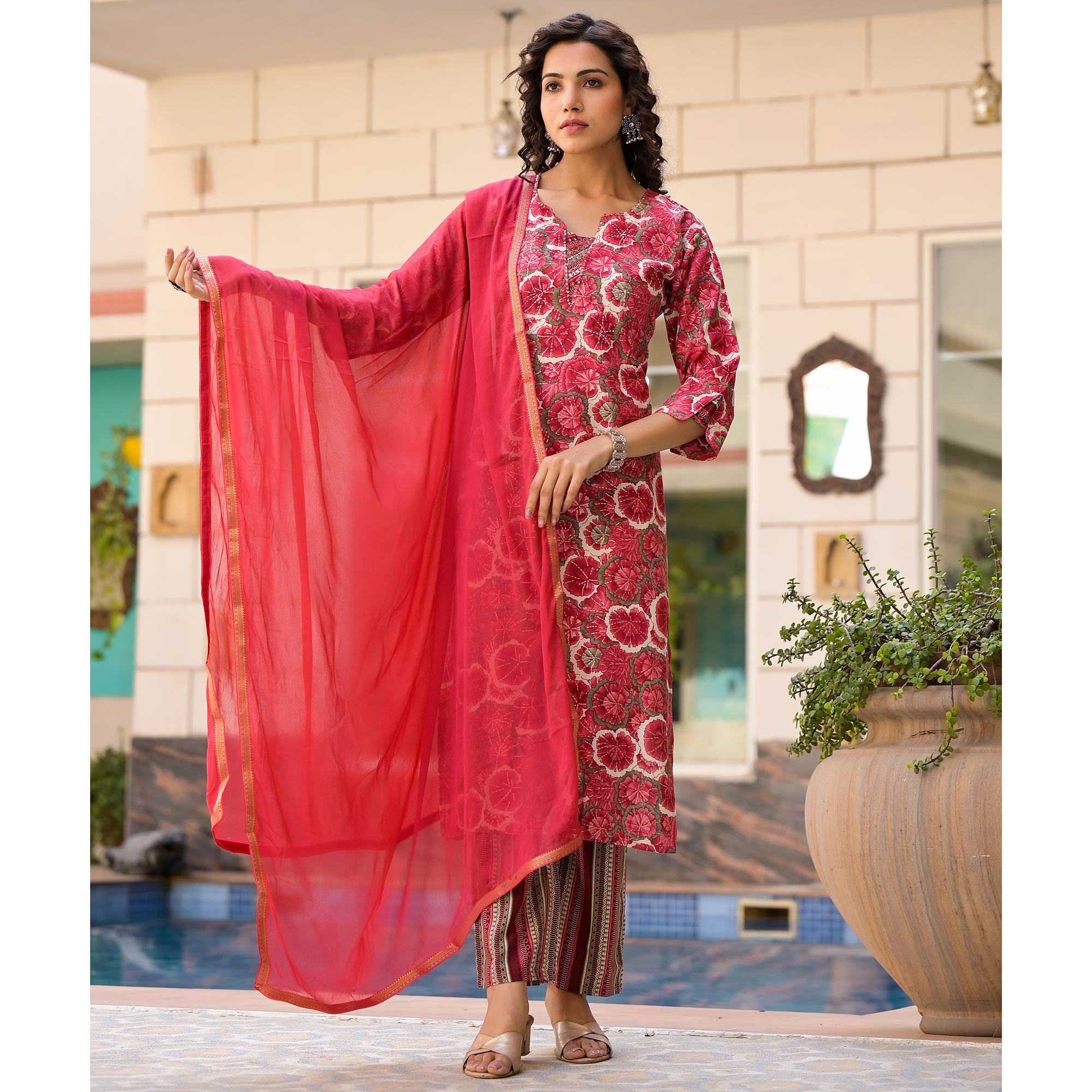 Red Floral Foil Printed Rayon Straight Salwar Suit