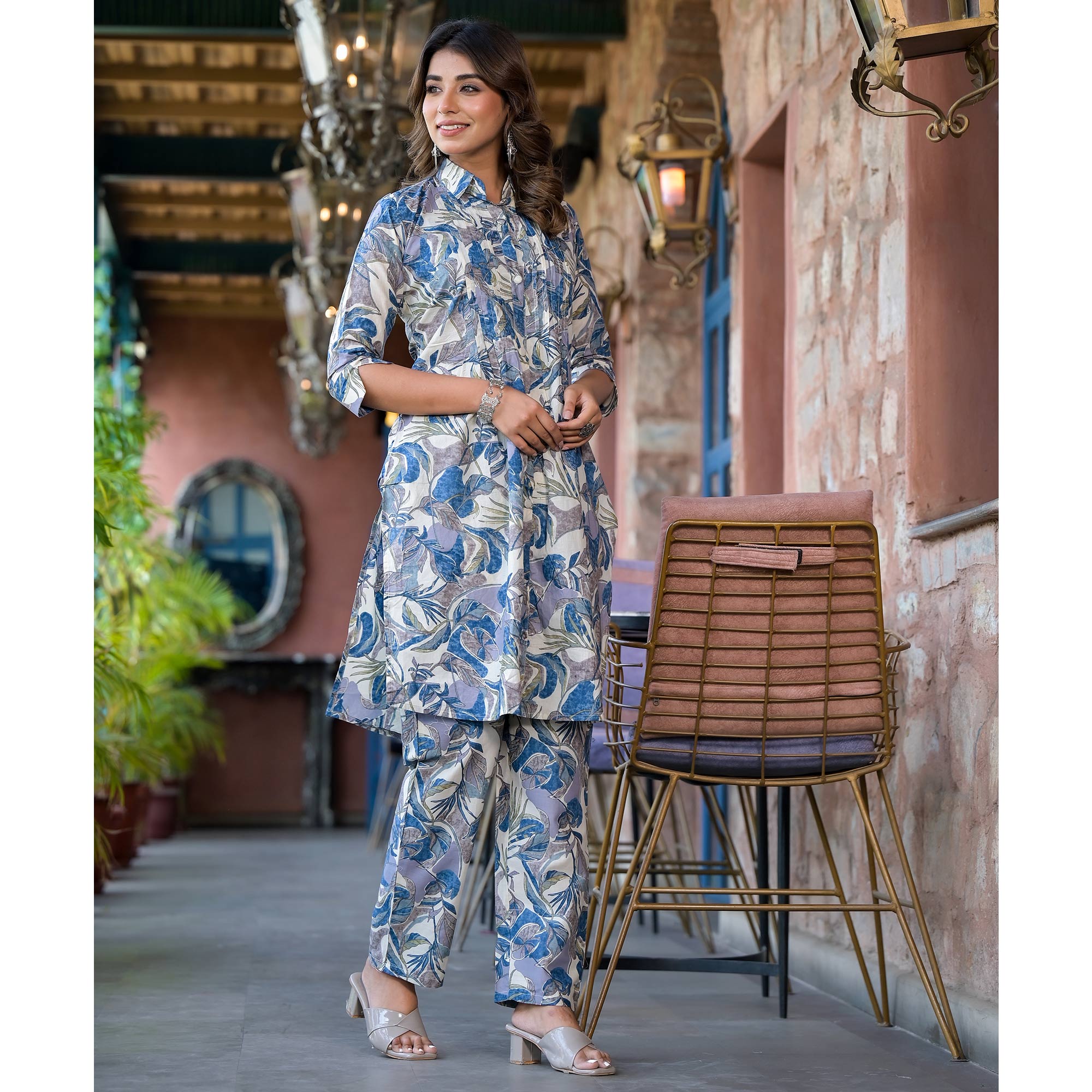 Blue Floral Printed Pure Cotton Co Ord Set