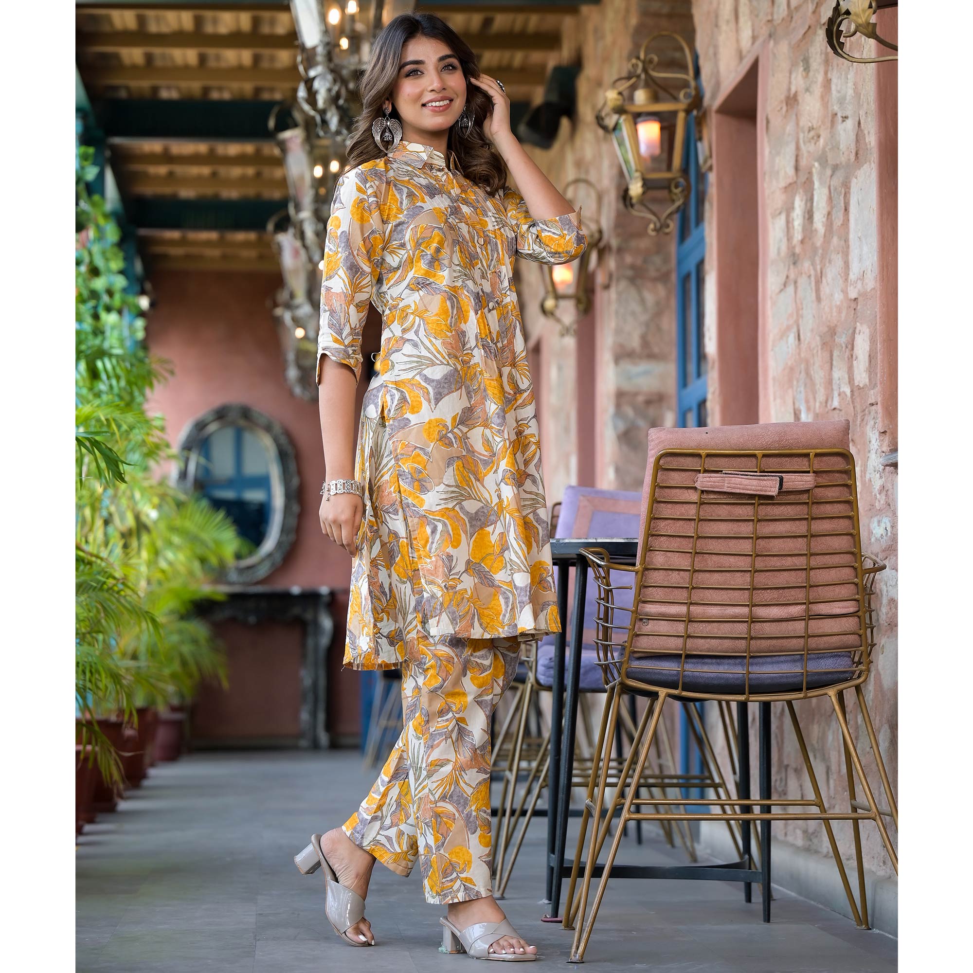 Mustard Floral Printed Pure Cotton Co Ord Set