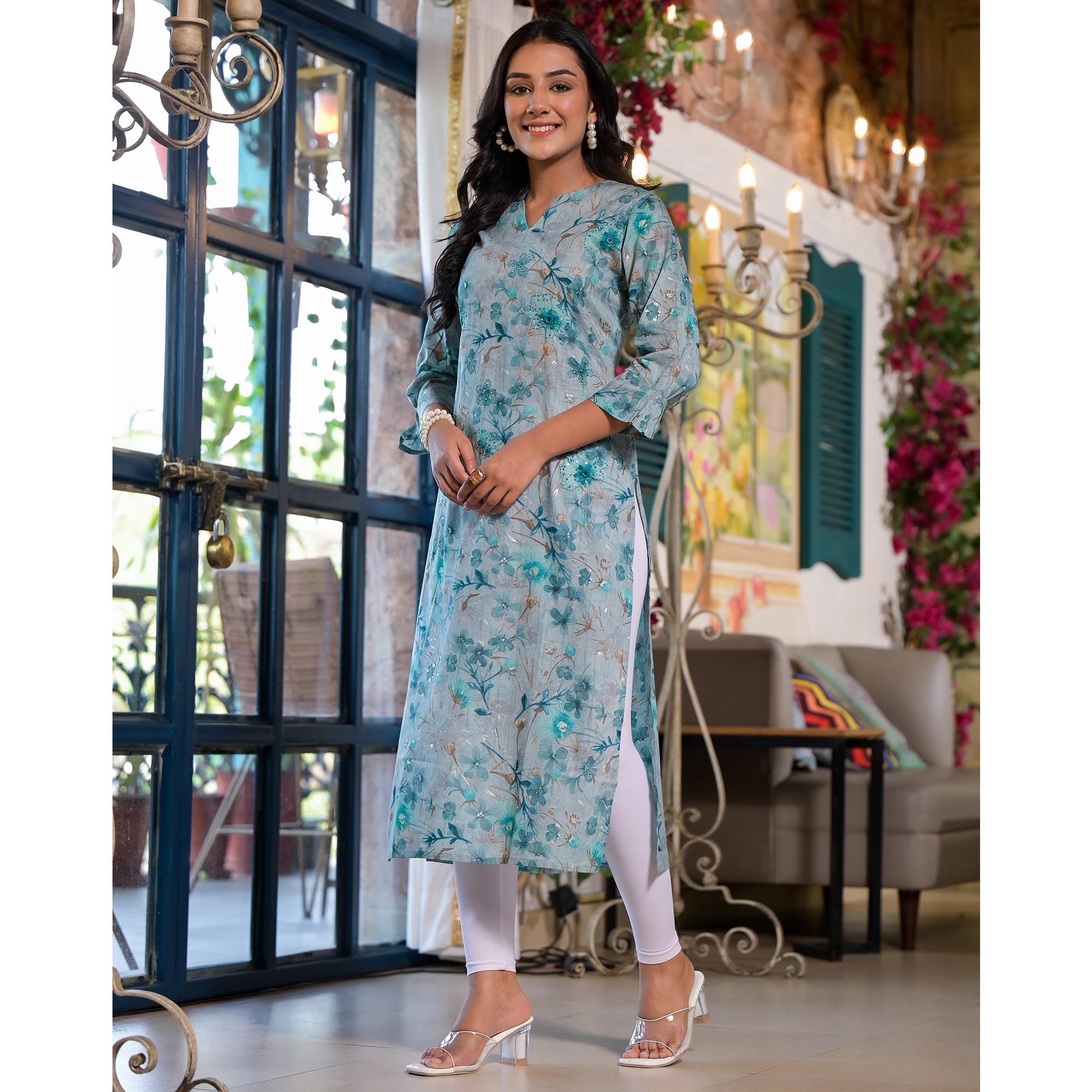 Blue Floral Foil Printed Mulmul Cotton Straight Kurti