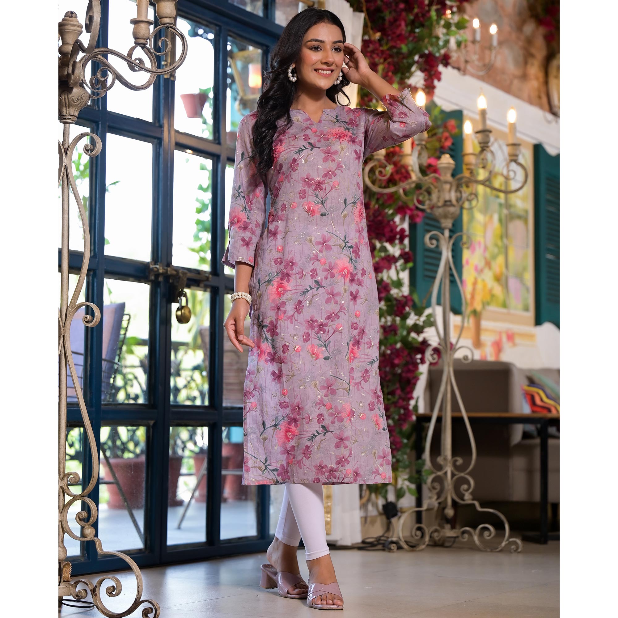 Purple Floral Foil Printed Mulmul Cotton Straight Kurti