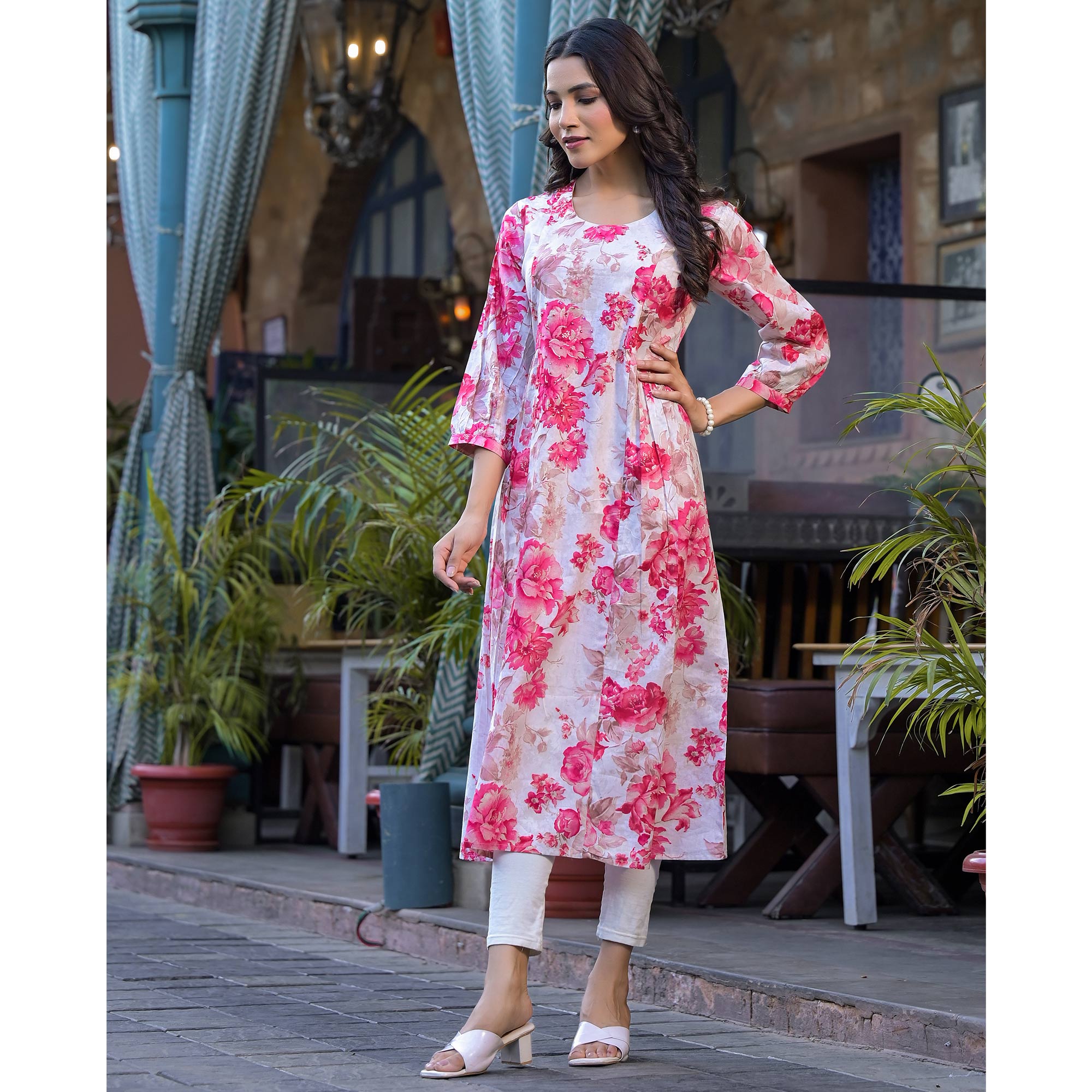 Pink Floral Printed With Beads Work Pure Cotton Maxi Dress