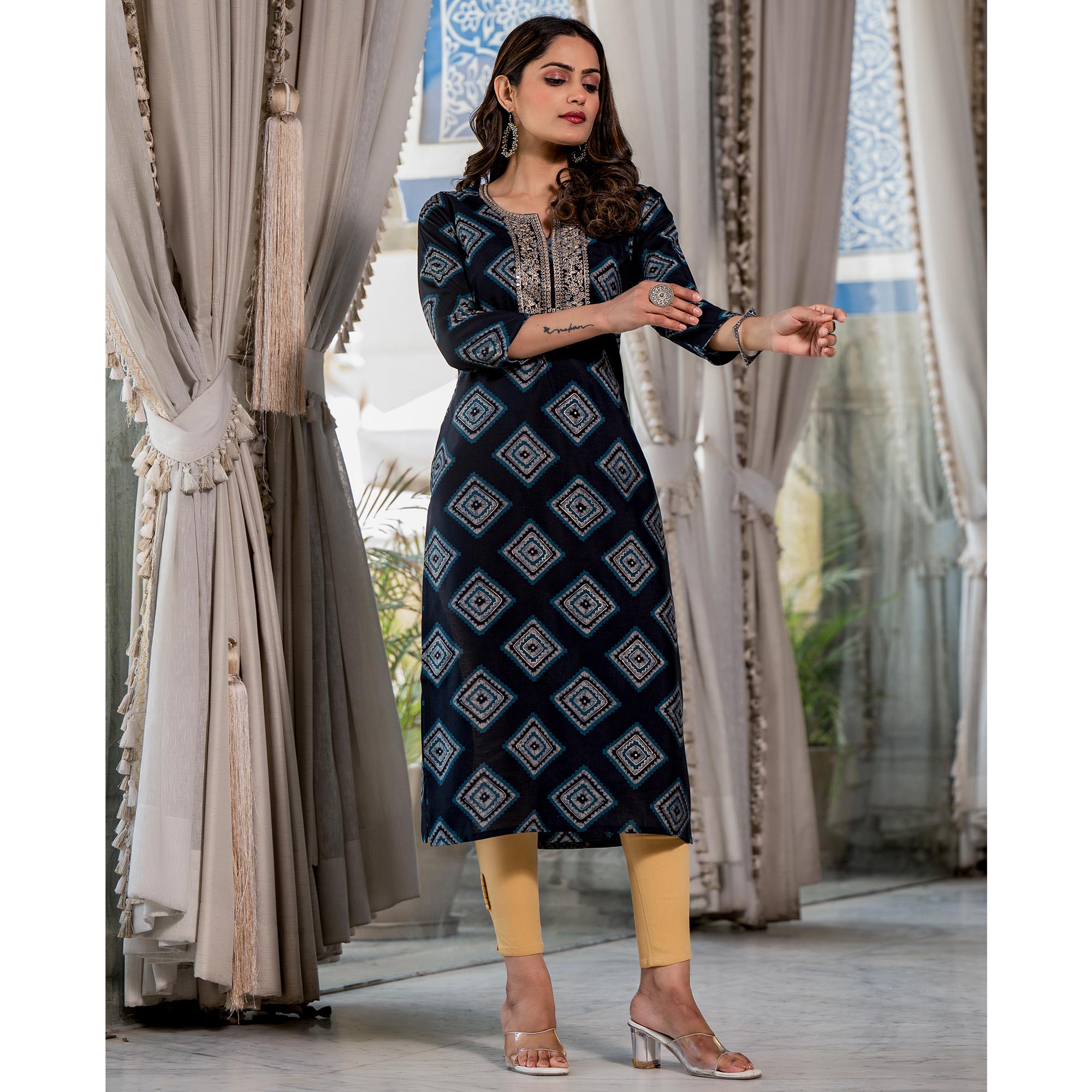 Navy Blue Foil Printed Chanderi Silk Kurti