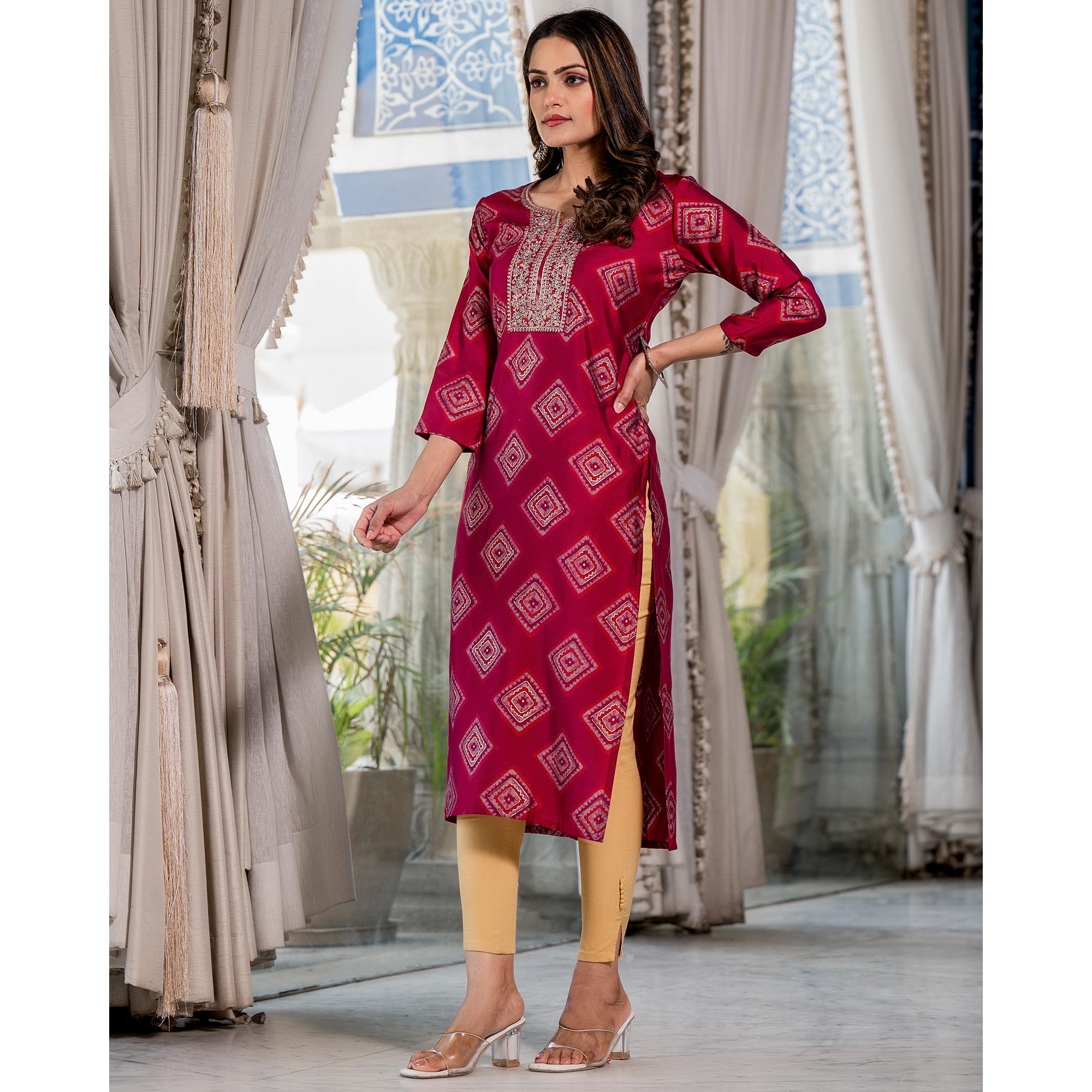 Pink Foil Printed Chanderi Silk Kurti