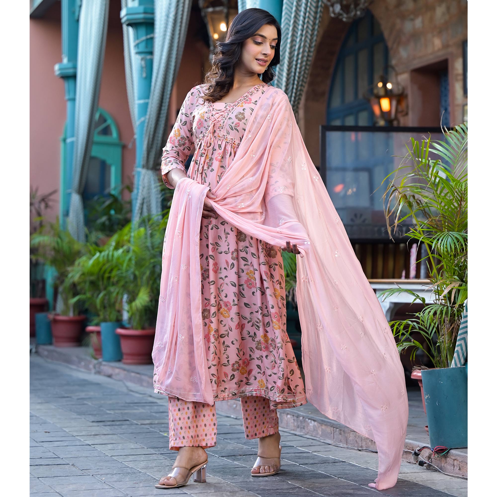 Peach Floral Alia Cut Chanderi Silk Salwar Suit With Zardosi Work
