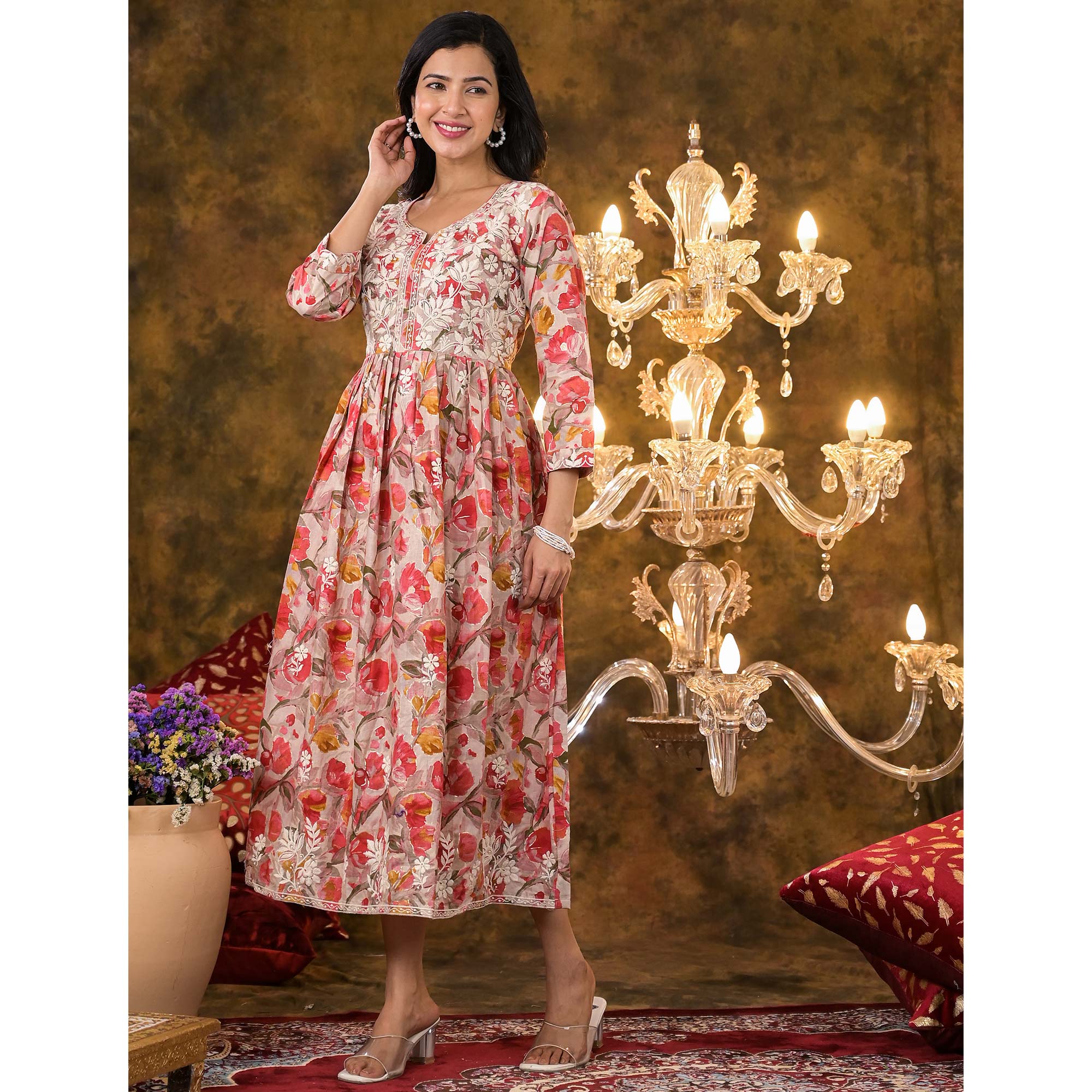 Peach Floral Printed Naira Cut Cambric Cotton Kurti