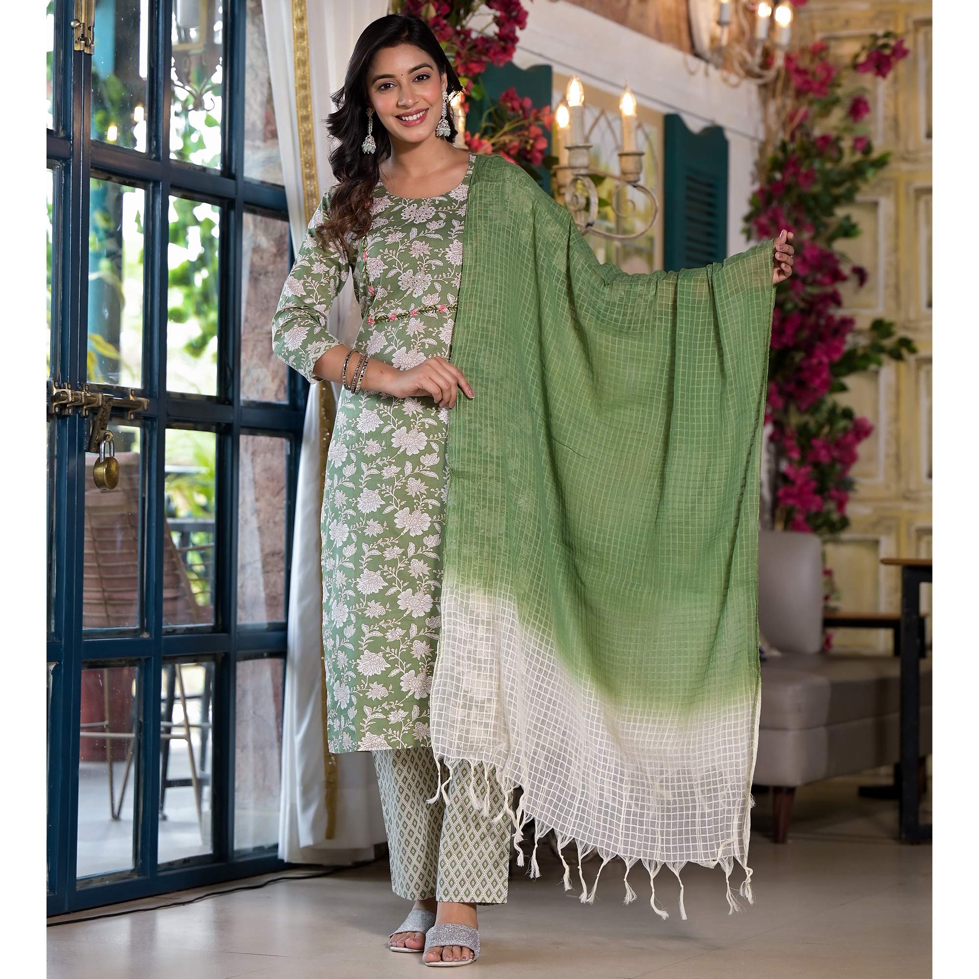 Pista Green Floral Printed Pure Cotton Salwar Suit