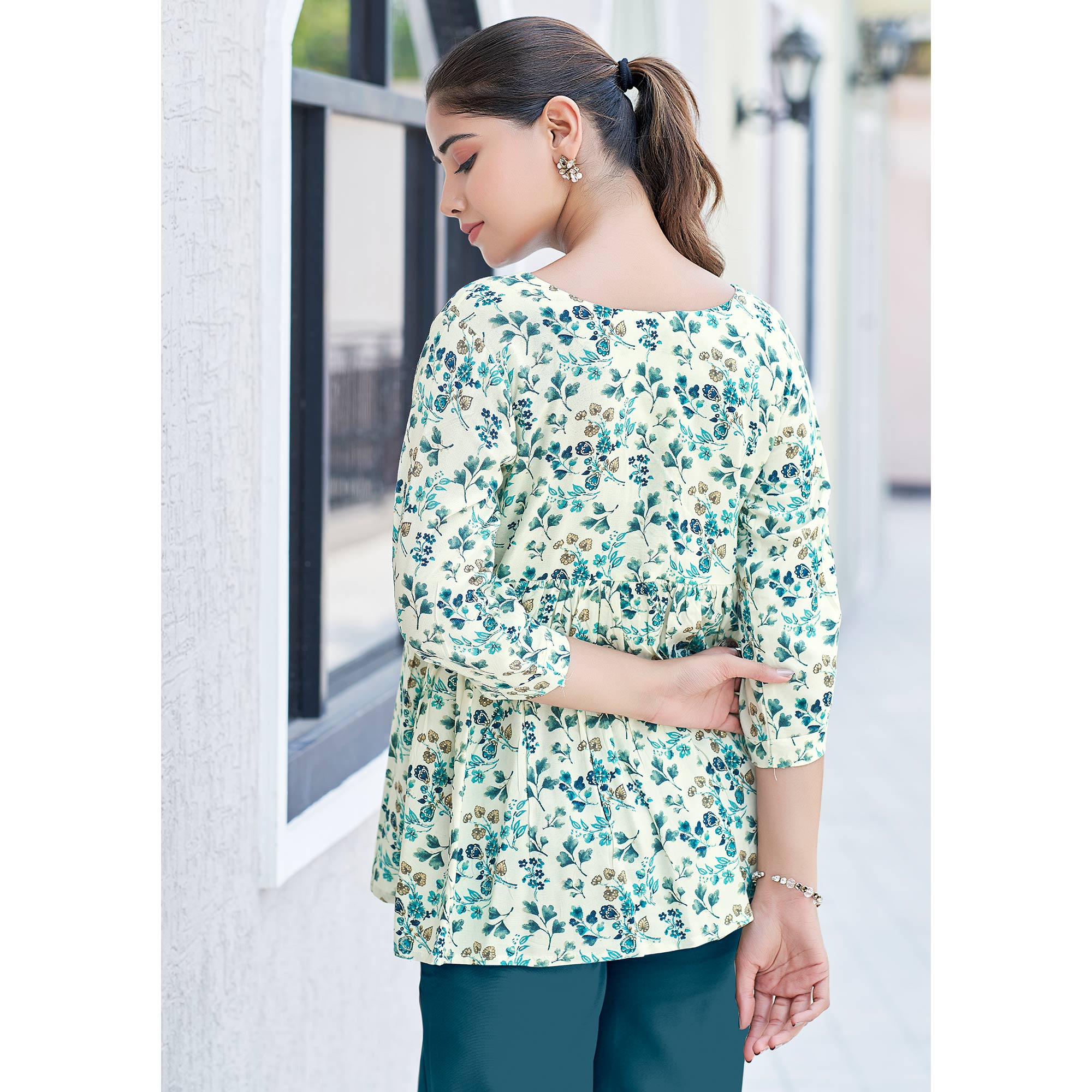 Blue Floral Printed Rayon A-Line Top