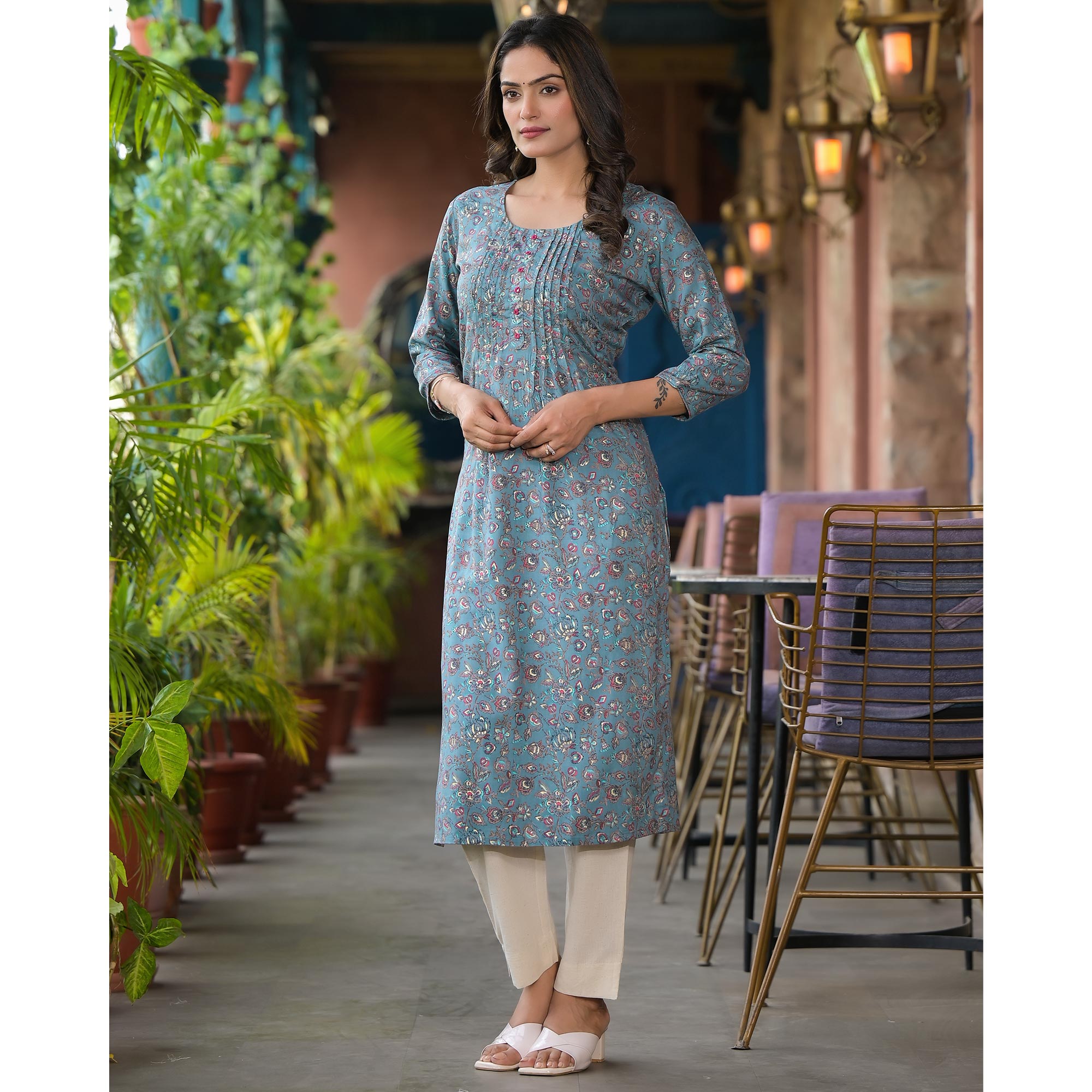 Bluish Grey Floral Printed Rayon Straight kurti