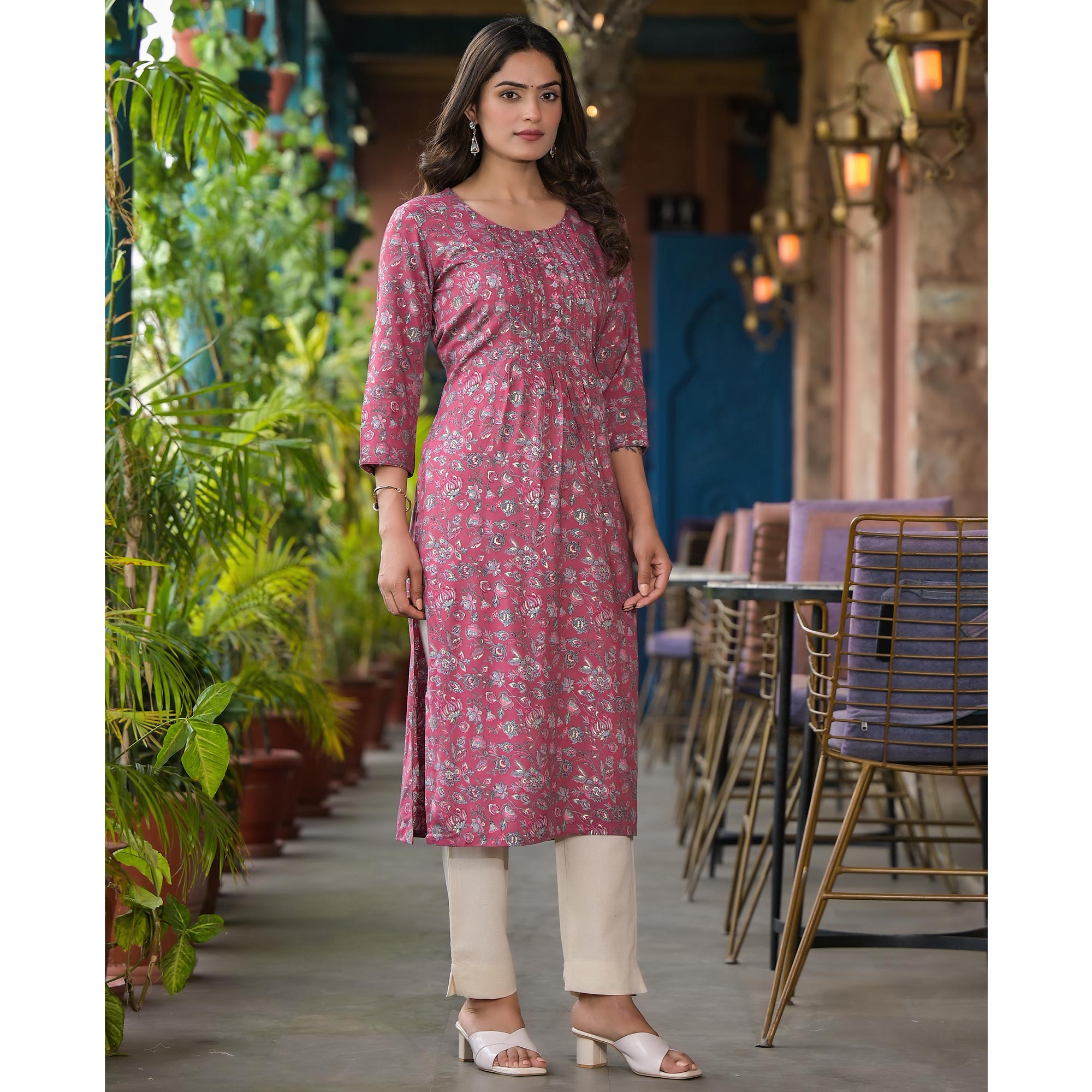 Pink Floral Printed Rayon Straight kurti