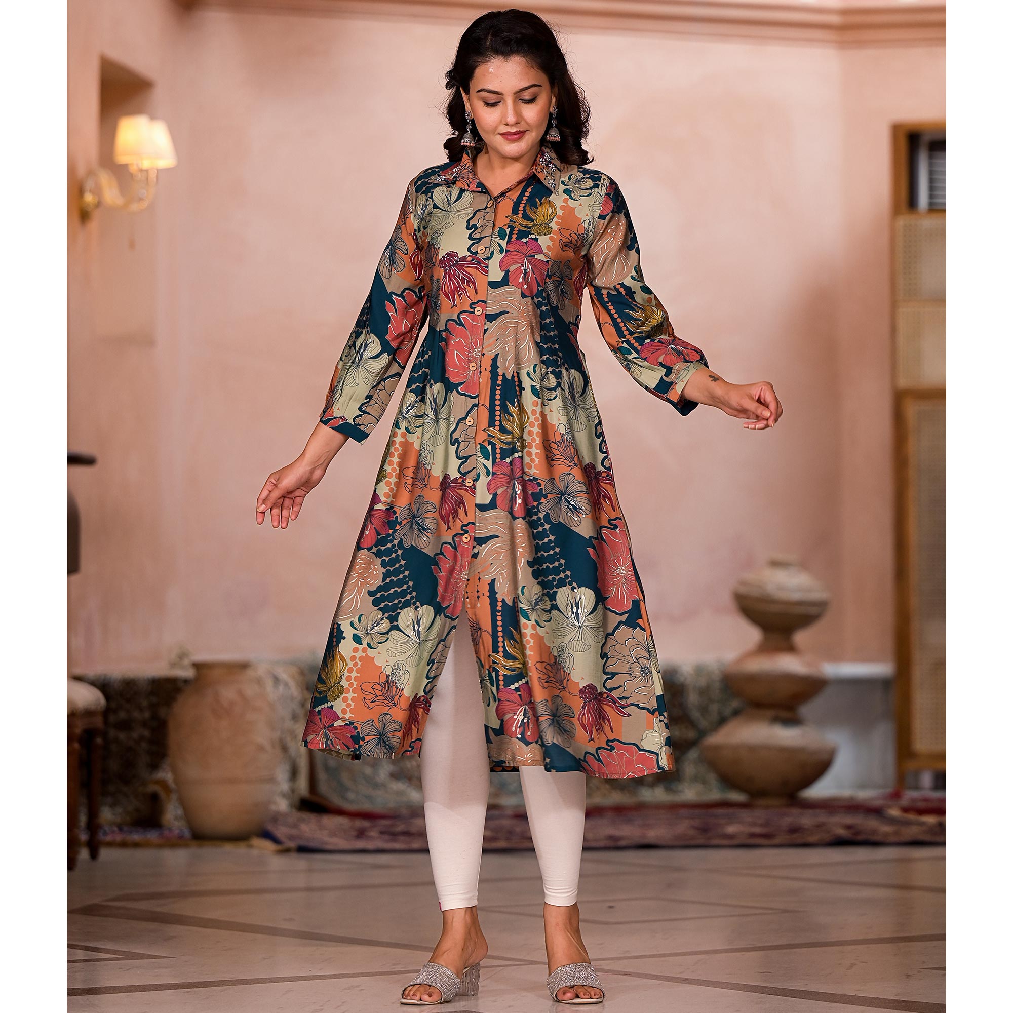 Green Floral Printed Chanderi Silk A-Line Dress
