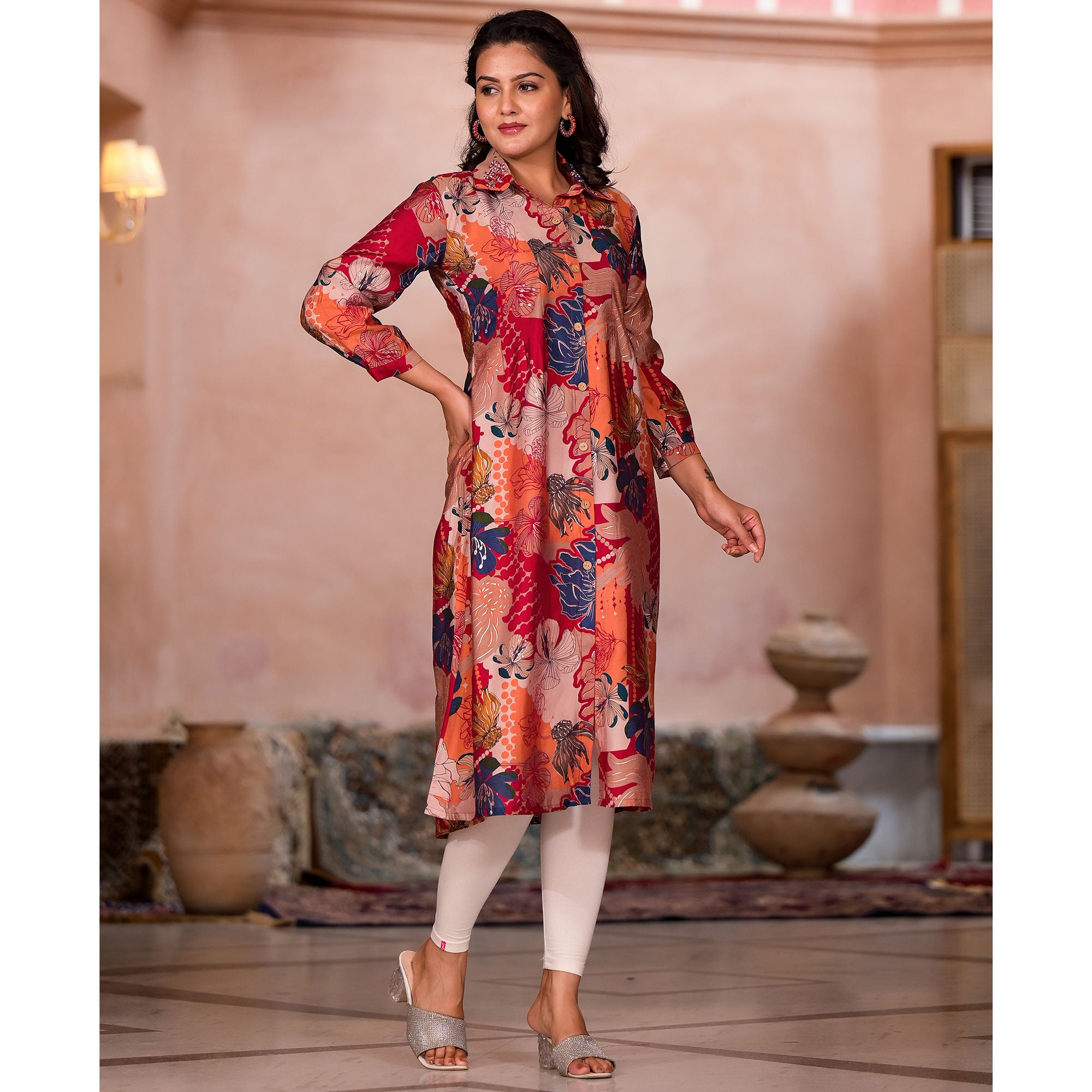 Rani Pink Floral Printed Chanderi Silk A-Line Dress