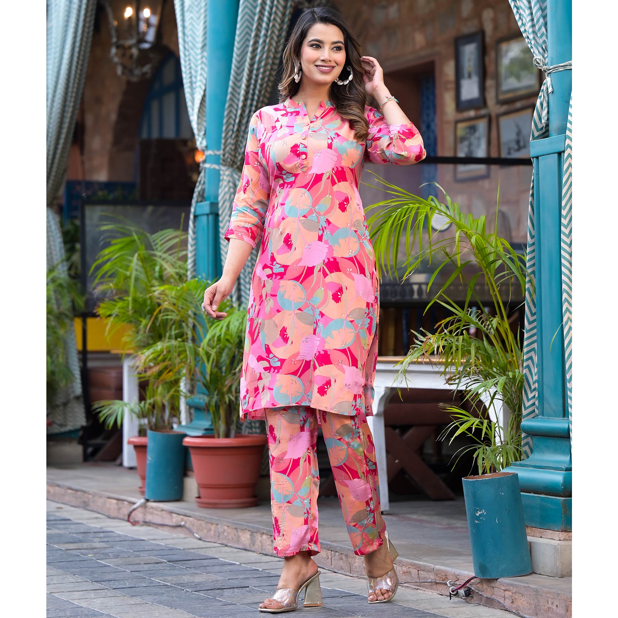 Pink Floral Foil Printed Muslin Co Ord Set