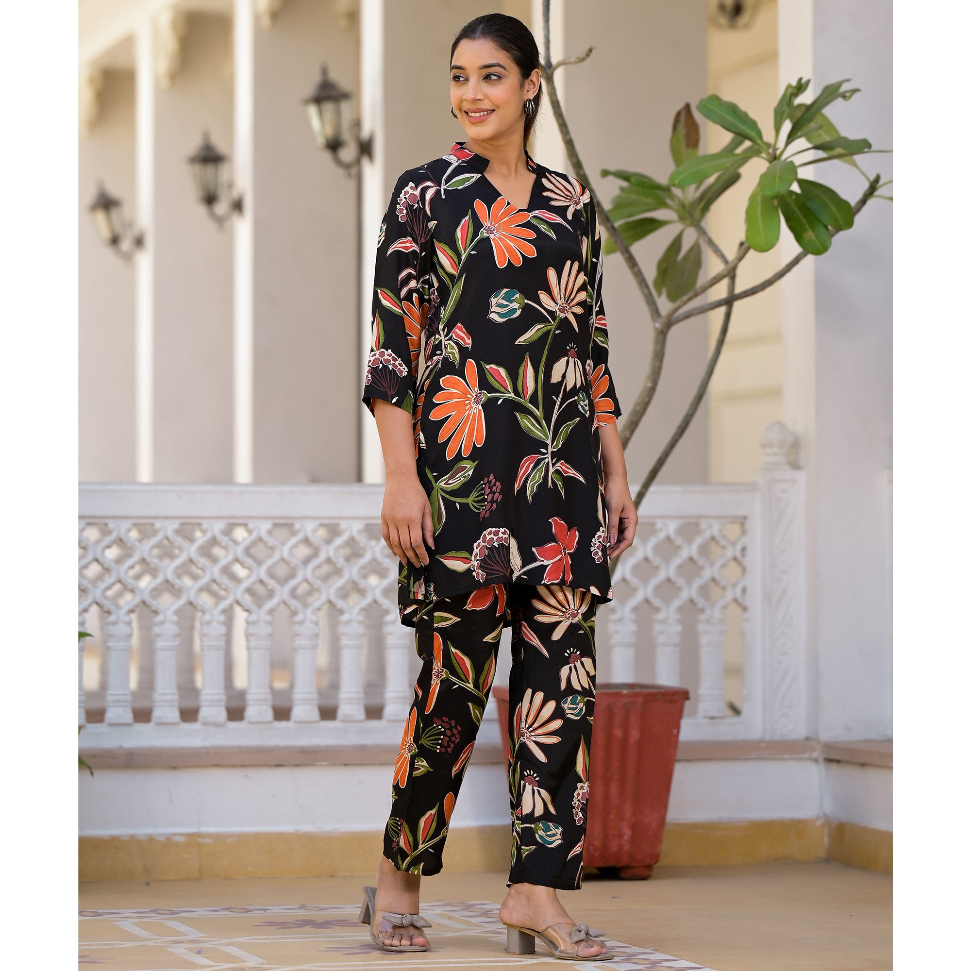 Black Floral Printed Muslin Co Ord Set