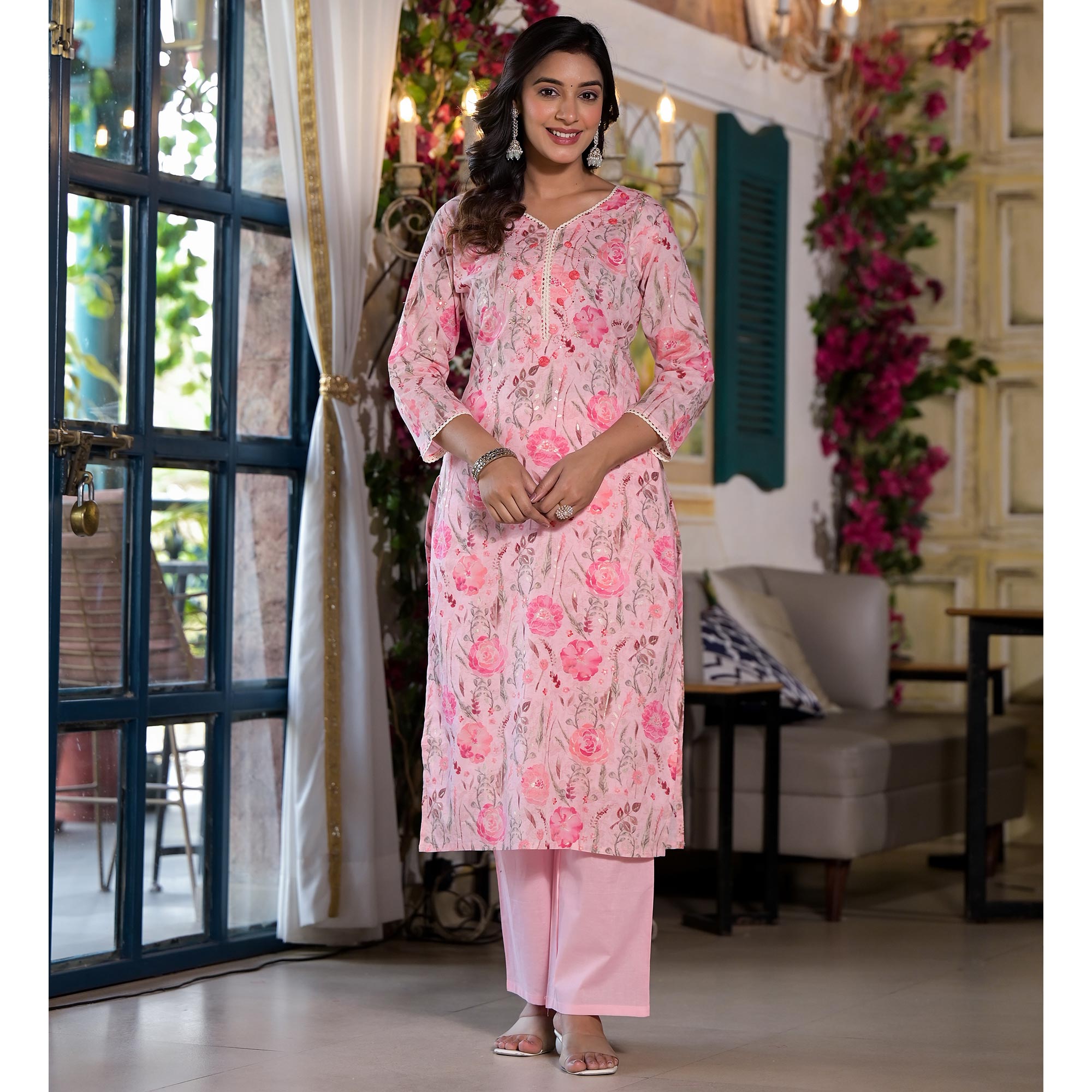 Pink Floral Printed Mulmul Cotton Straight Salwar Suit