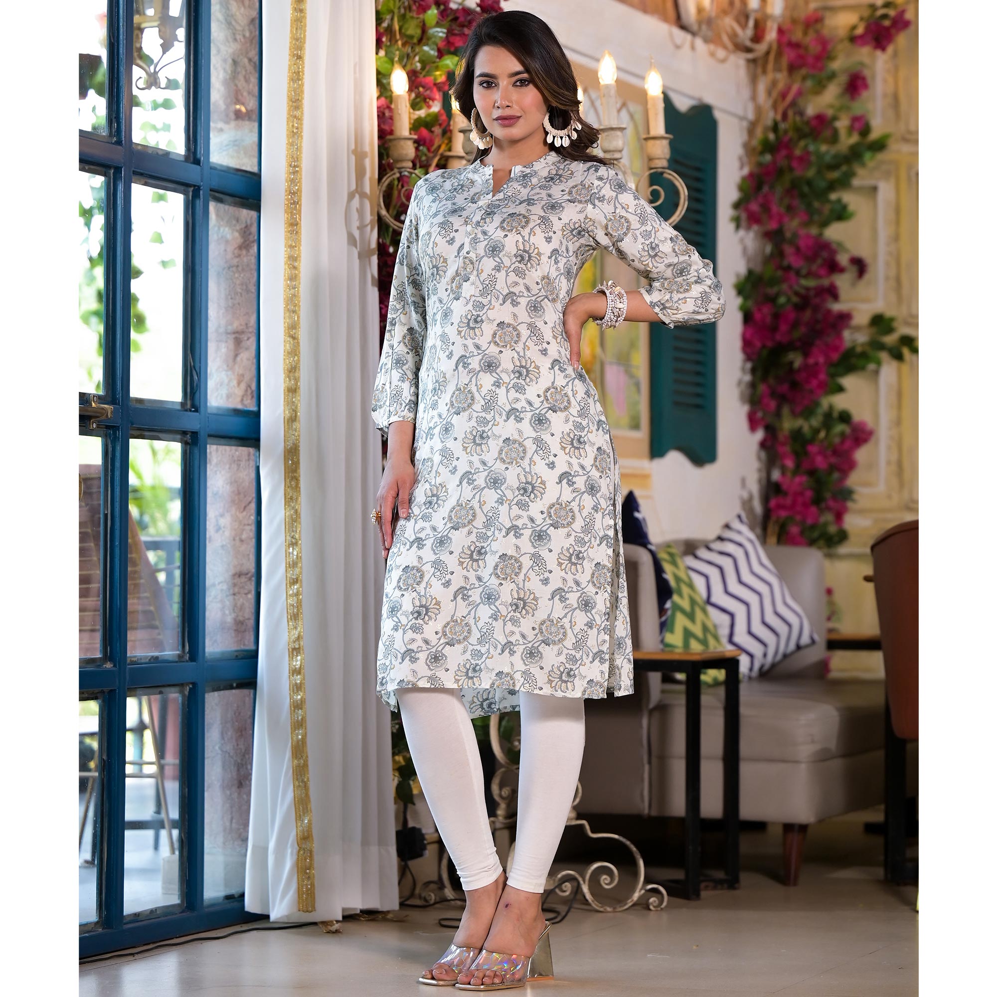 Grey Floral Foil Printed Chanderi Silk Kurti