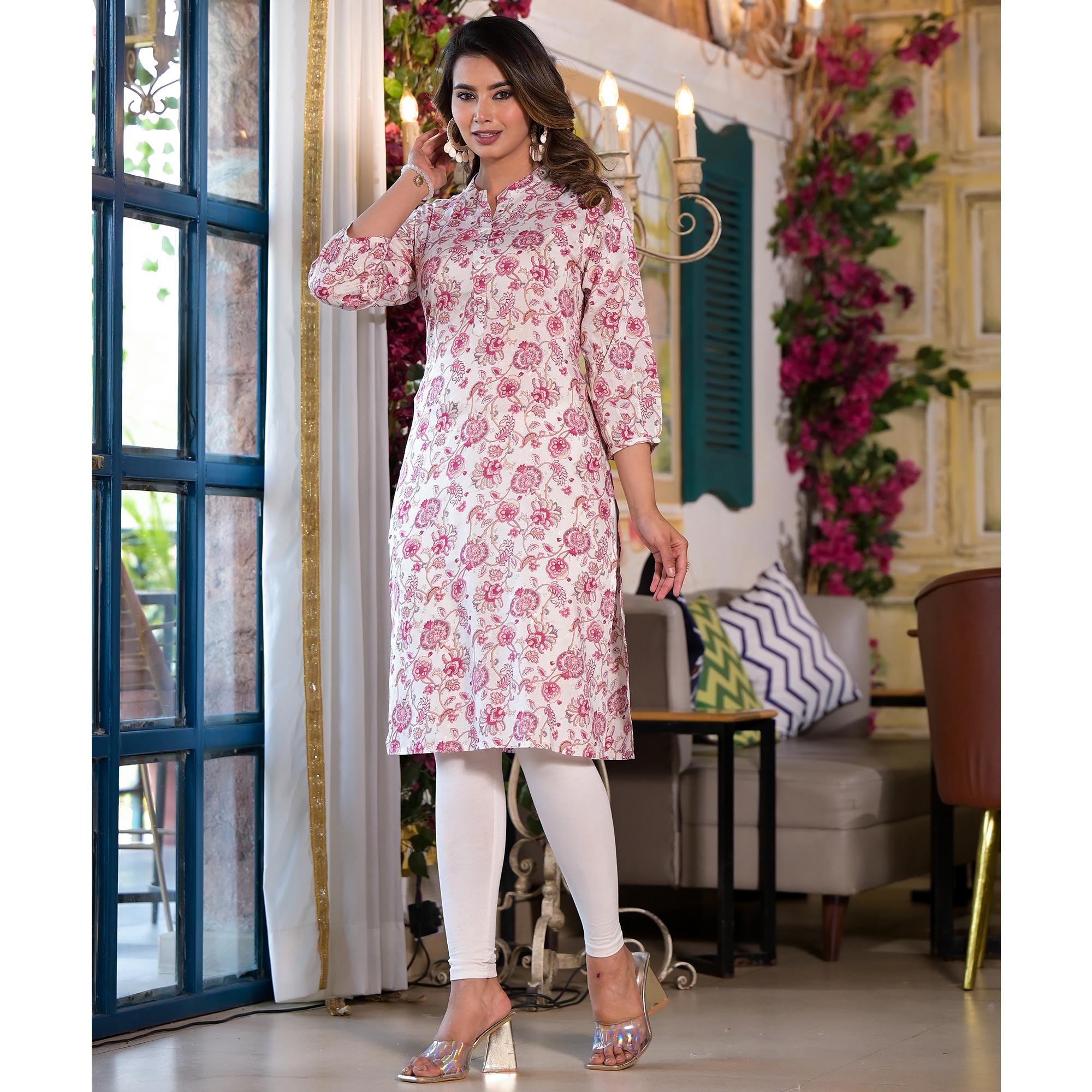 Wine Floral Foil Printed Chanderi Silk Kurti