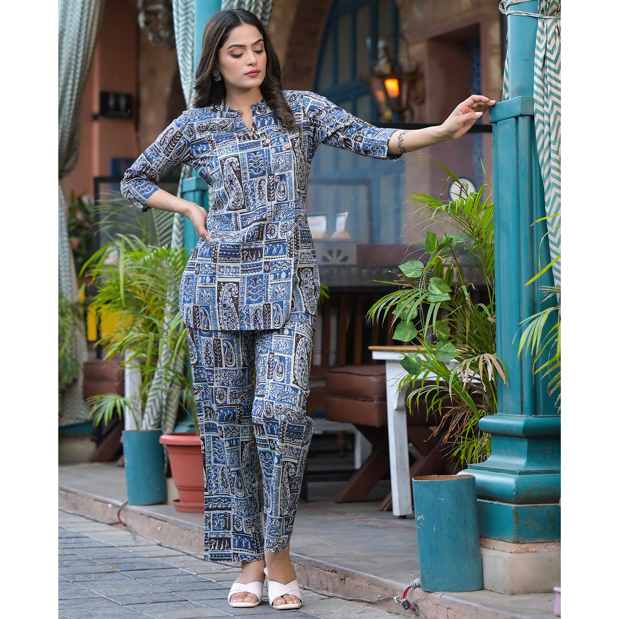 Blue Printed Pure Cotton Angrakha Co-Ord Set